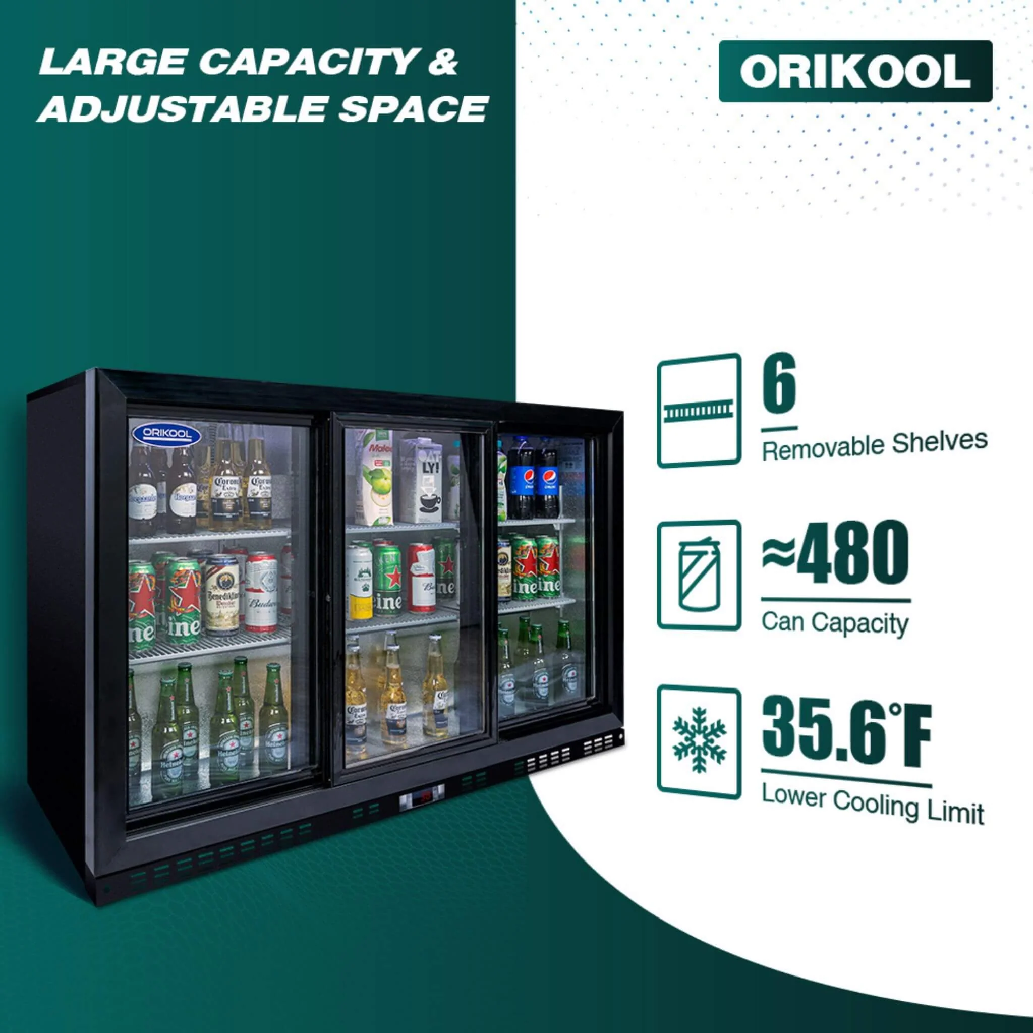 Orikool 53-Inch Energy Efficient Commercial Back Bar Drink Cooler With LED Lighting And 3 Glass Doors (SAK12097) - Image 8