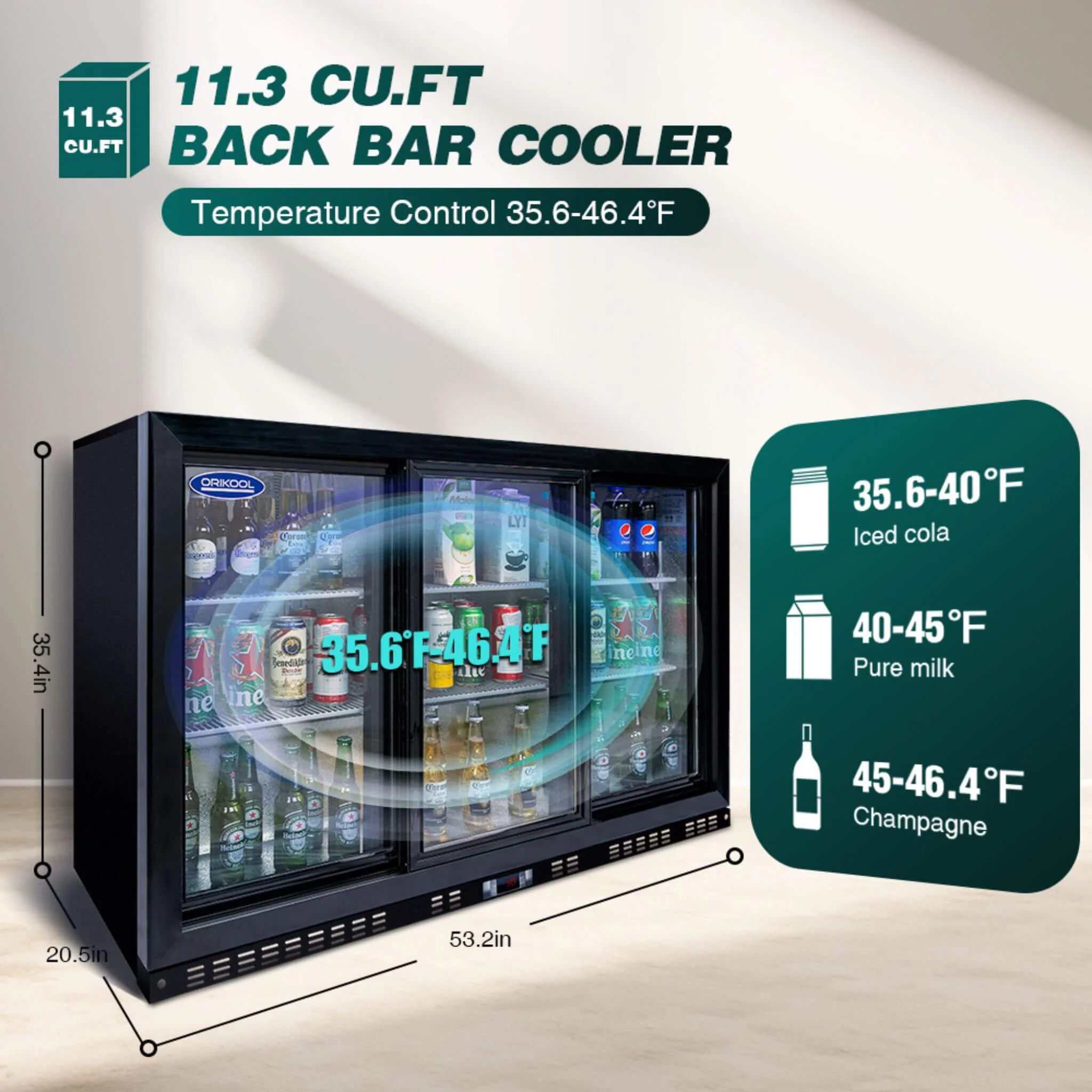 Orikool 53-Inch Energy Efficient Commercial Back Bar Drink Cooler With LED Lighting And 3 Glass Doors (SAK12097) - Image 9