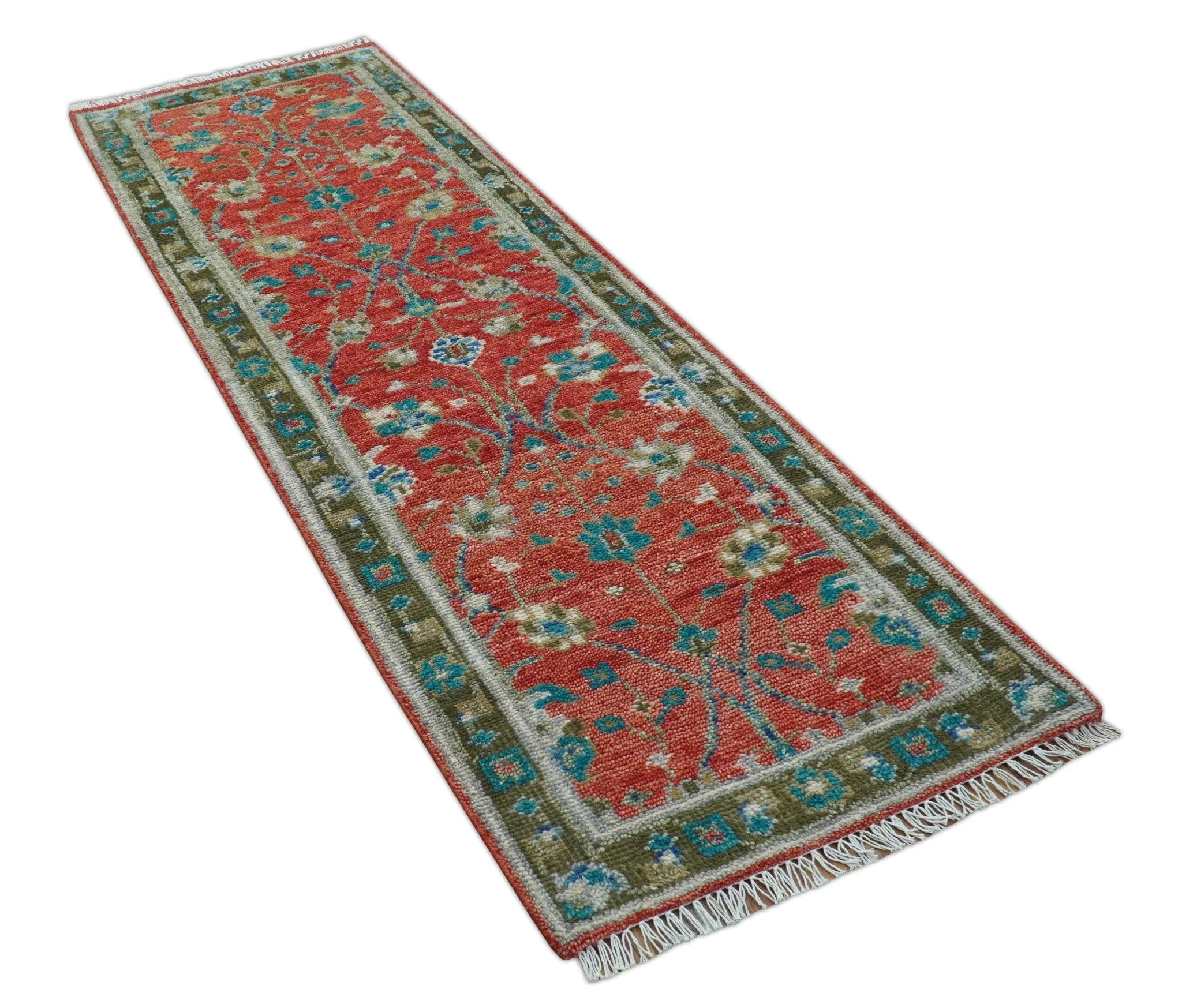 Oushak Design Red And Green 2.6x8 Hand knotted Wool Rug - Image 10