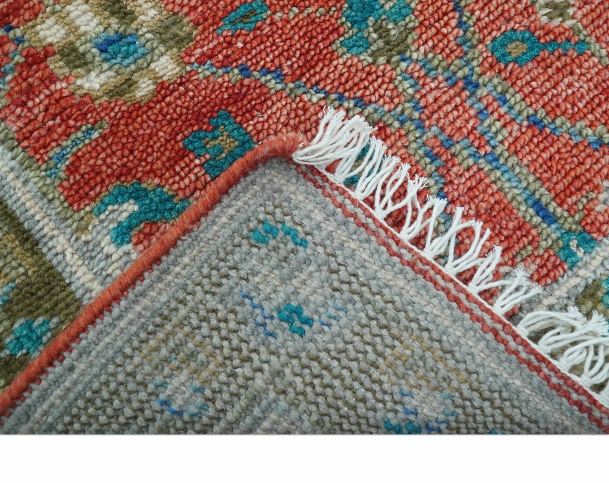 Oushak Design Red And Green 2.6x8 Hand knotted Wool Rug - Image 6