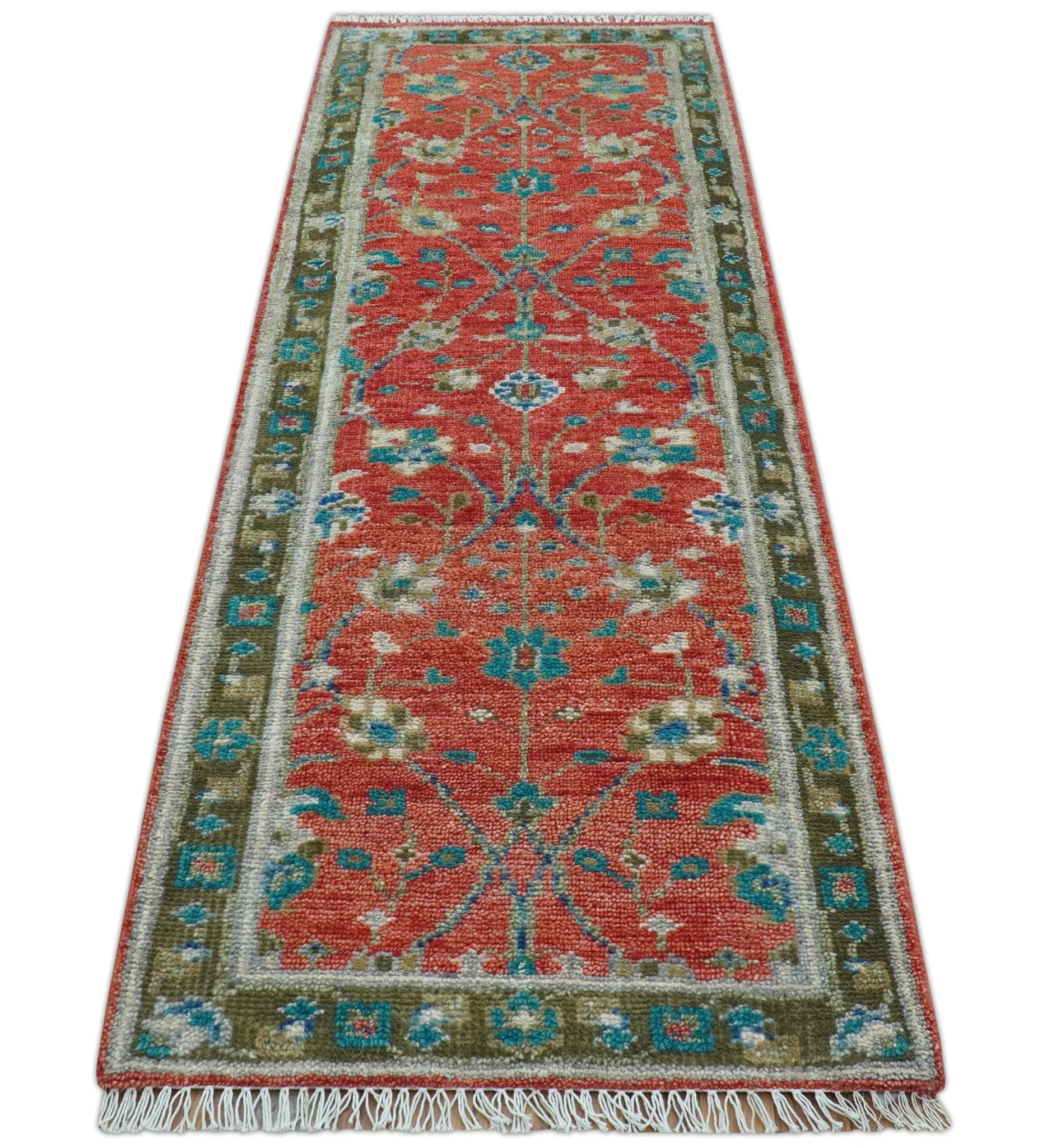 Oushak Design Red And Green 2.6x8 Hand knotted Wool Rug - Image 9