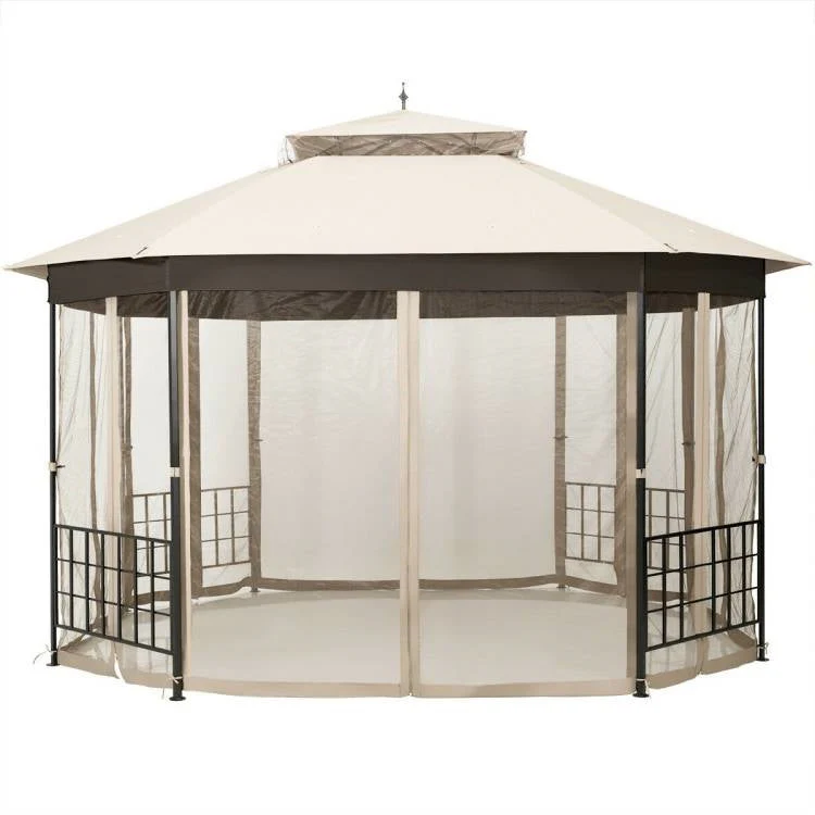 Outdoor 10 x 12 Ft Octagon Gazebo with Mosquito Net Sidewalls and Beige Canopy - Image 2