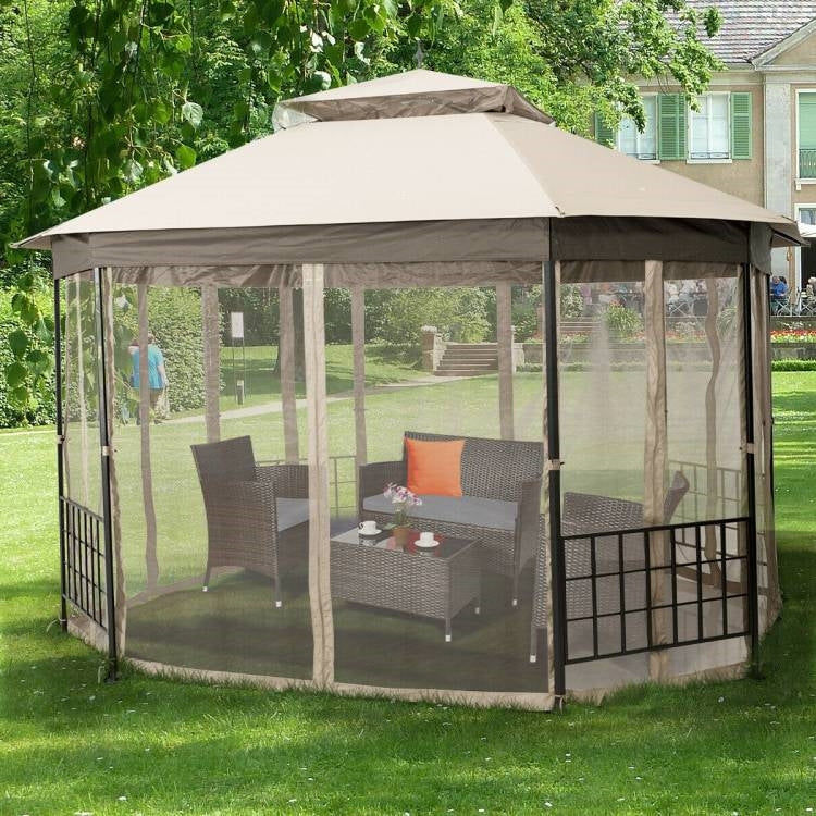 Outdoor 10 x 12 Ft Octagon Gazebo with Mosquito Net Sidewalls and Beige Canopy - Image 3