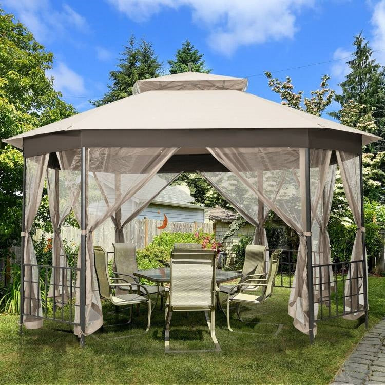 Outdoor 10 x 12 Ft Octagon Gazebo with Mosquito Net Sidewalls and Beige Canopy - Image 4