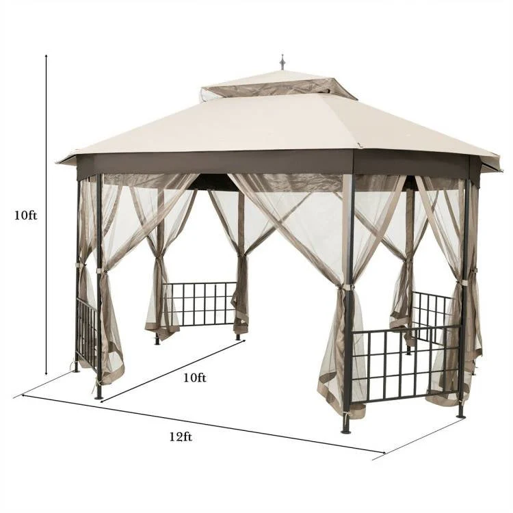 Outdoor 10 x 12 Ft Octagon Gazebo with Mosquito Net Sidewalls and Beige Canopy - Image 5