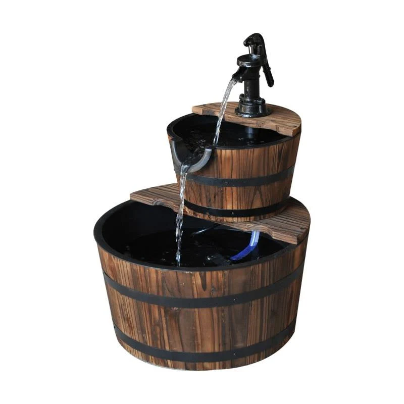 Outdoor 2-Tier Solid Wood Whisky Barrel Waterfall Fountain with Electric Pump - Image 2