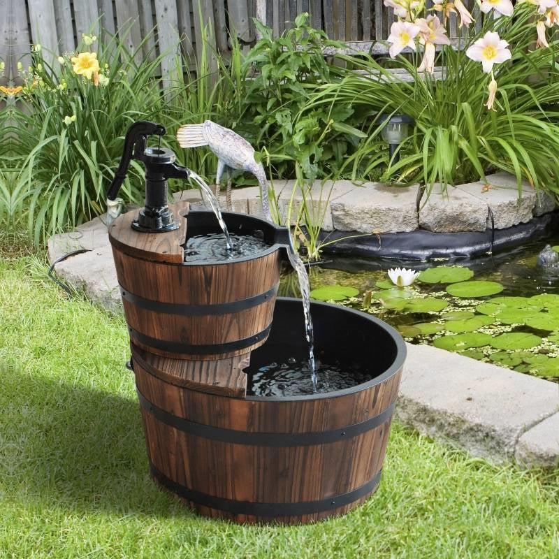 Outdoor 2-Tier Solid Wood Whisky Barrel Waterfall Fountain with Electric Pump - Image 3