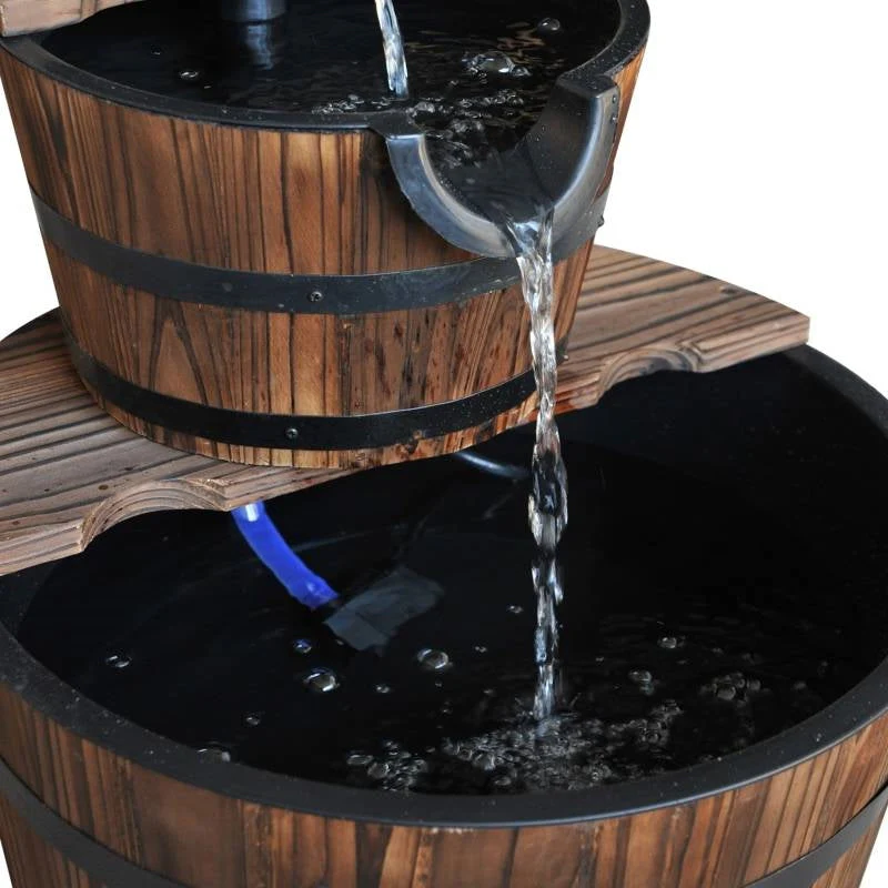 Outdoor 2-Tier Solid Wood Whisky Barrel Waterfall Fountain with Electric Pump - Image 4