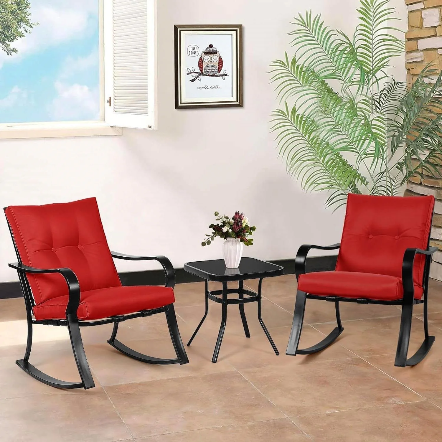 Outdoor 3-Piece Patio Furniture Rocking Chairs Table Set with Red Cushions - Image 2