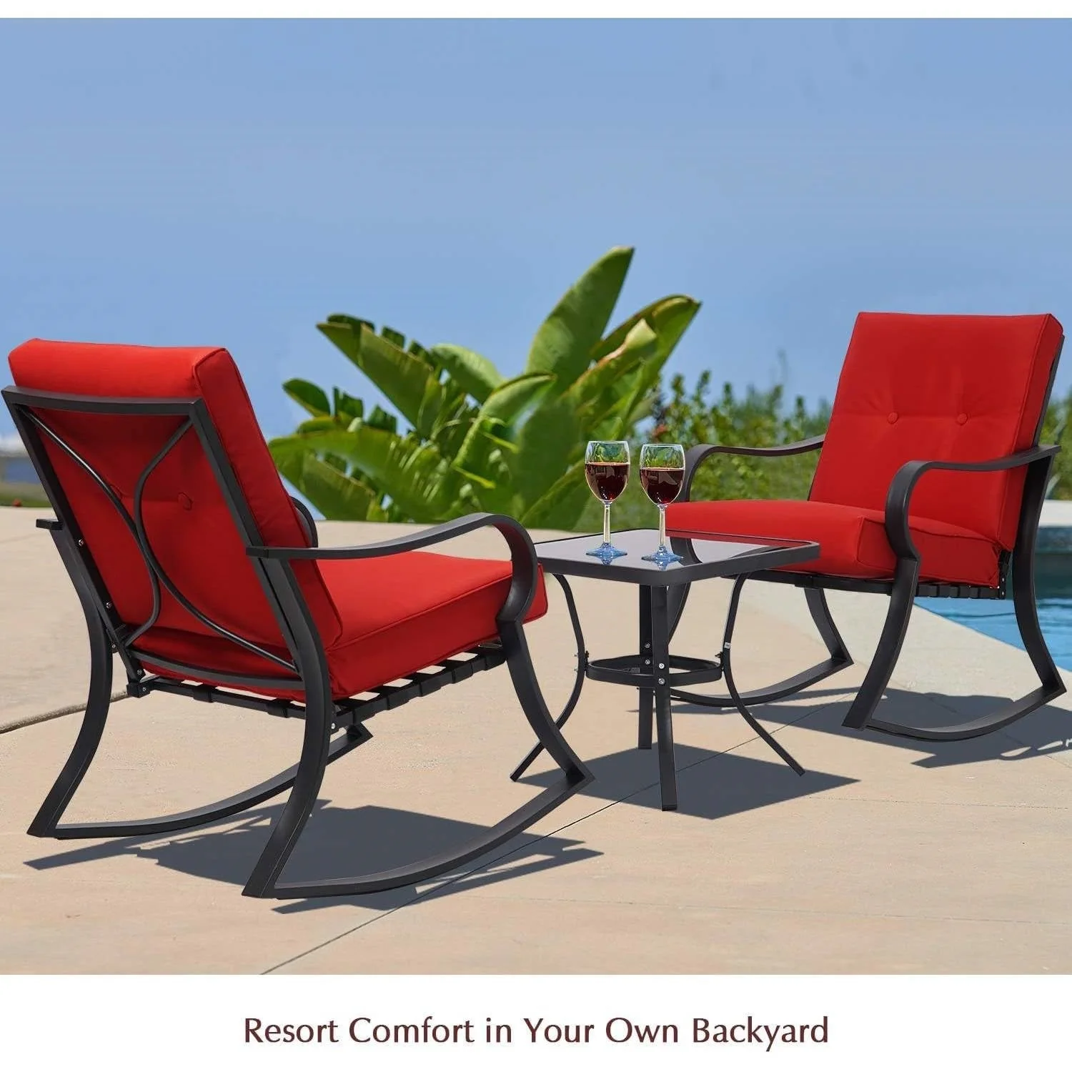 Outdoor 3-Piece Patio Furniture Rocking Chairs Table Set with Red Cushions - Image 3