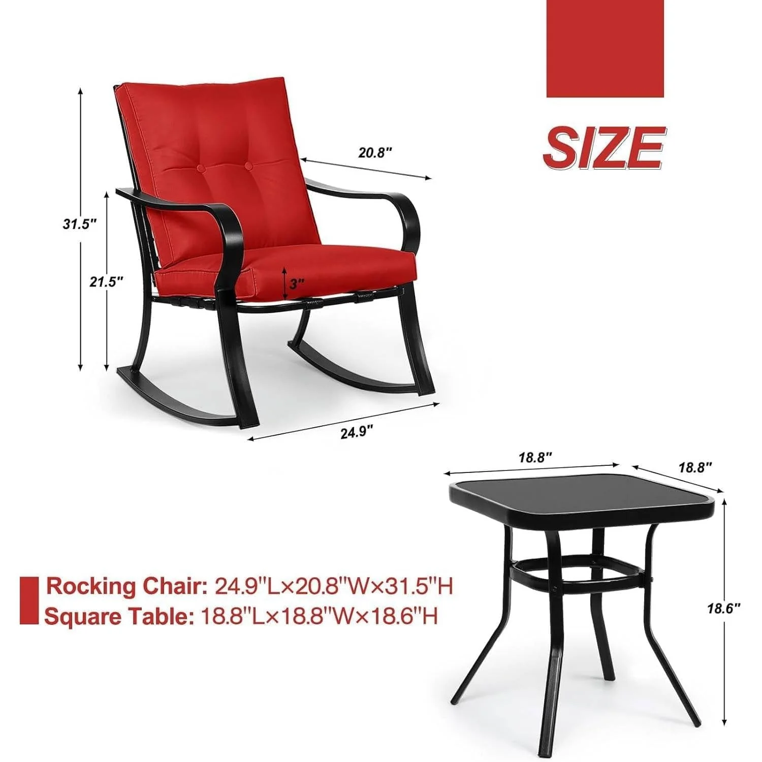 Outdoor 3-Piece Patio Furniture Rocking Chairs Table Set with Red Cushions - Image 5
