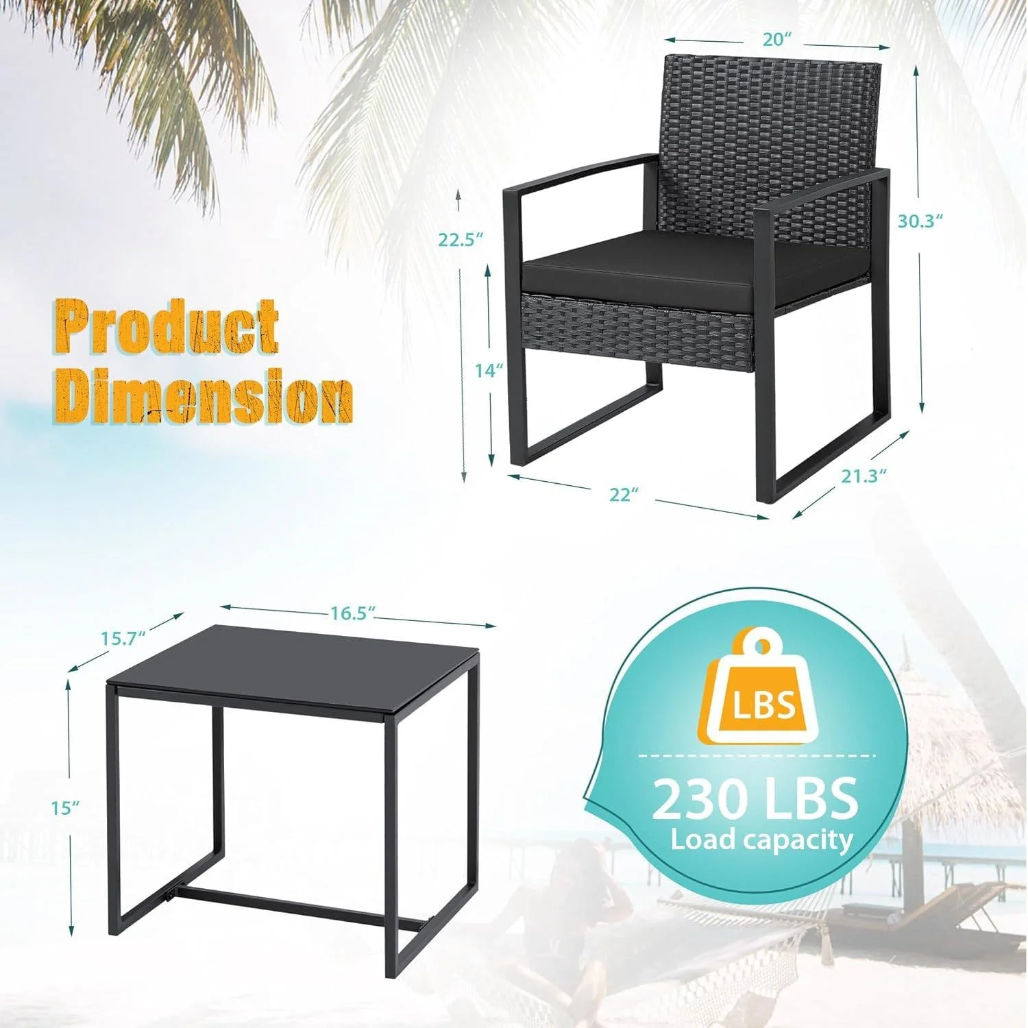 Outdoor 3-Piece Patio Furniture Set with 2 Black Patio Chairs and 1 Side Table - Image 5