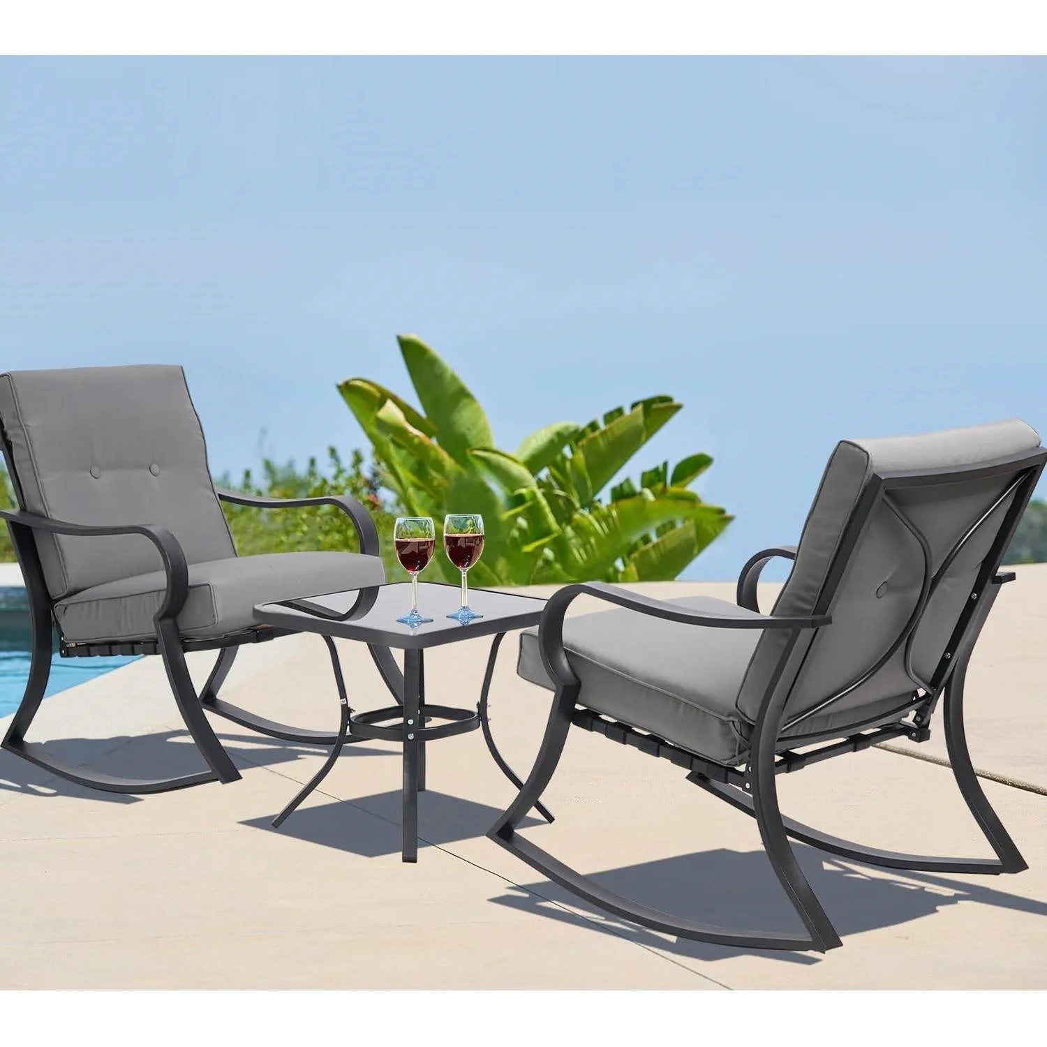 Outdoor 3-Piece Patio Furniture Table Rocking Chairs Set with Grey Cushions - Image 2