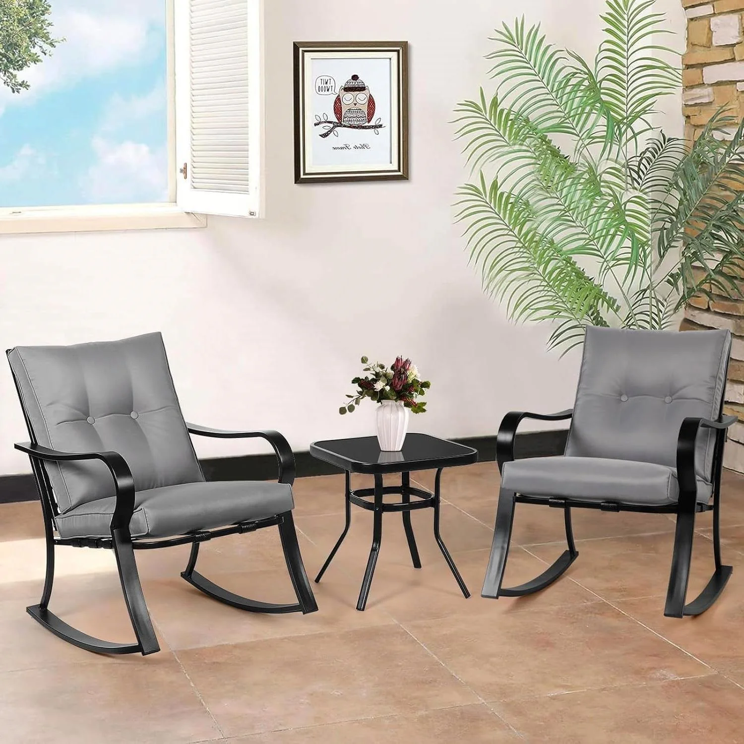 Outdoor 3-Piece Patio Furniture Table Rocking Chairs Set with Grey Cushions - Image 3
