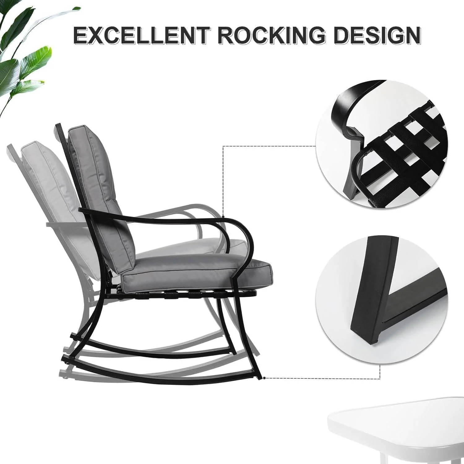 Outdoor 3-Piece Patio Furniture Table Rocking Chairs Set with Grey Cushions - Image 4