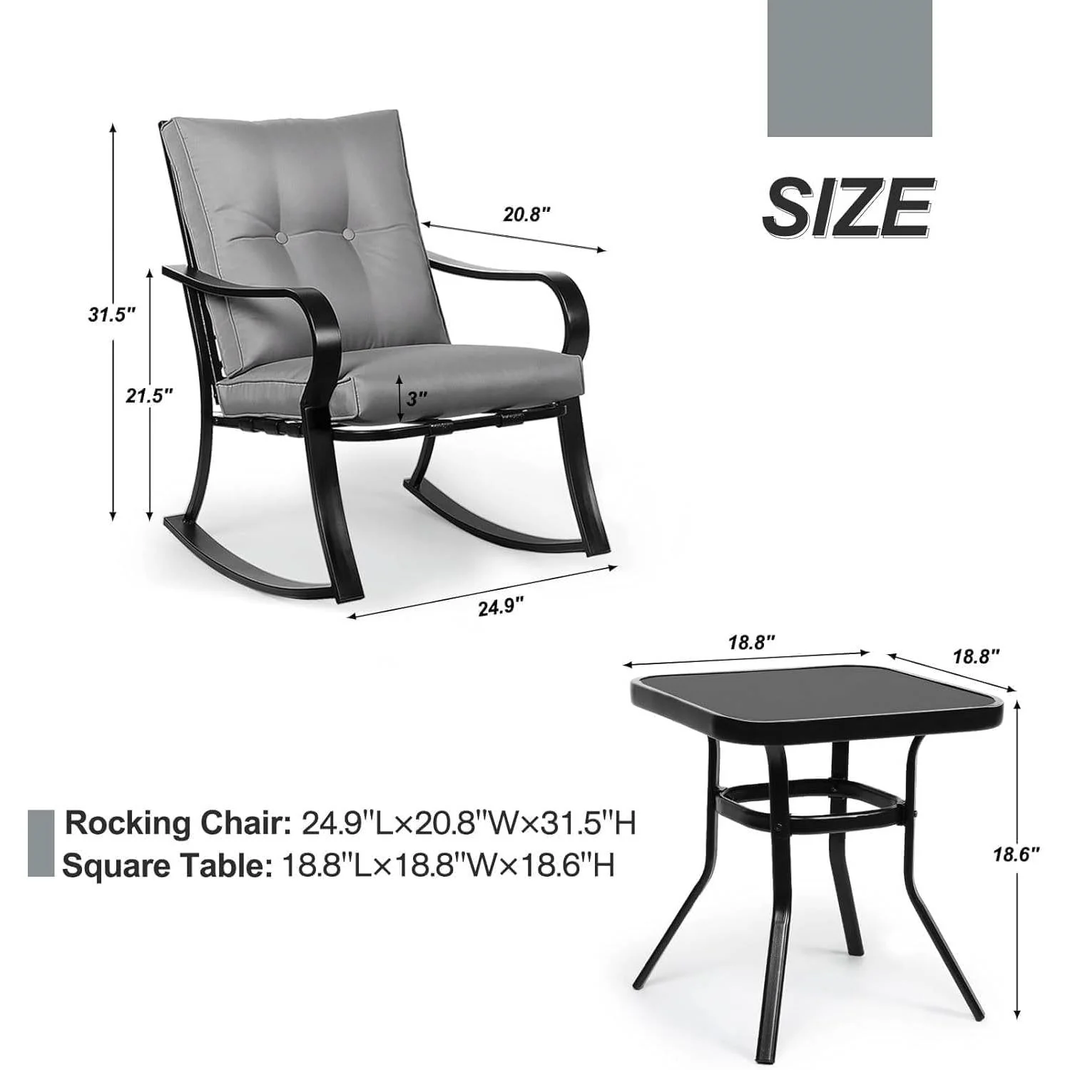 Outdoor 3-Piece Patio Furniture Table Rocking Chairs Set with Grey Cushions - Image 5