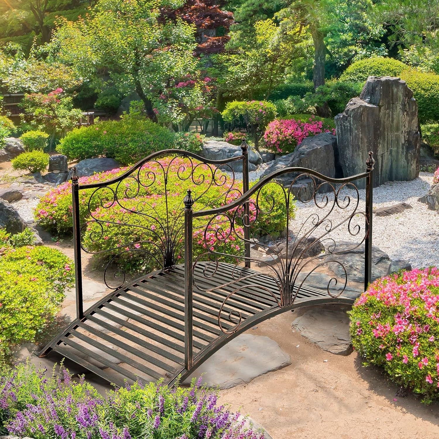 Outdoor 4-ft Heavy Duty Metal Garden Bridge in Black Bronze Finish - Image 2