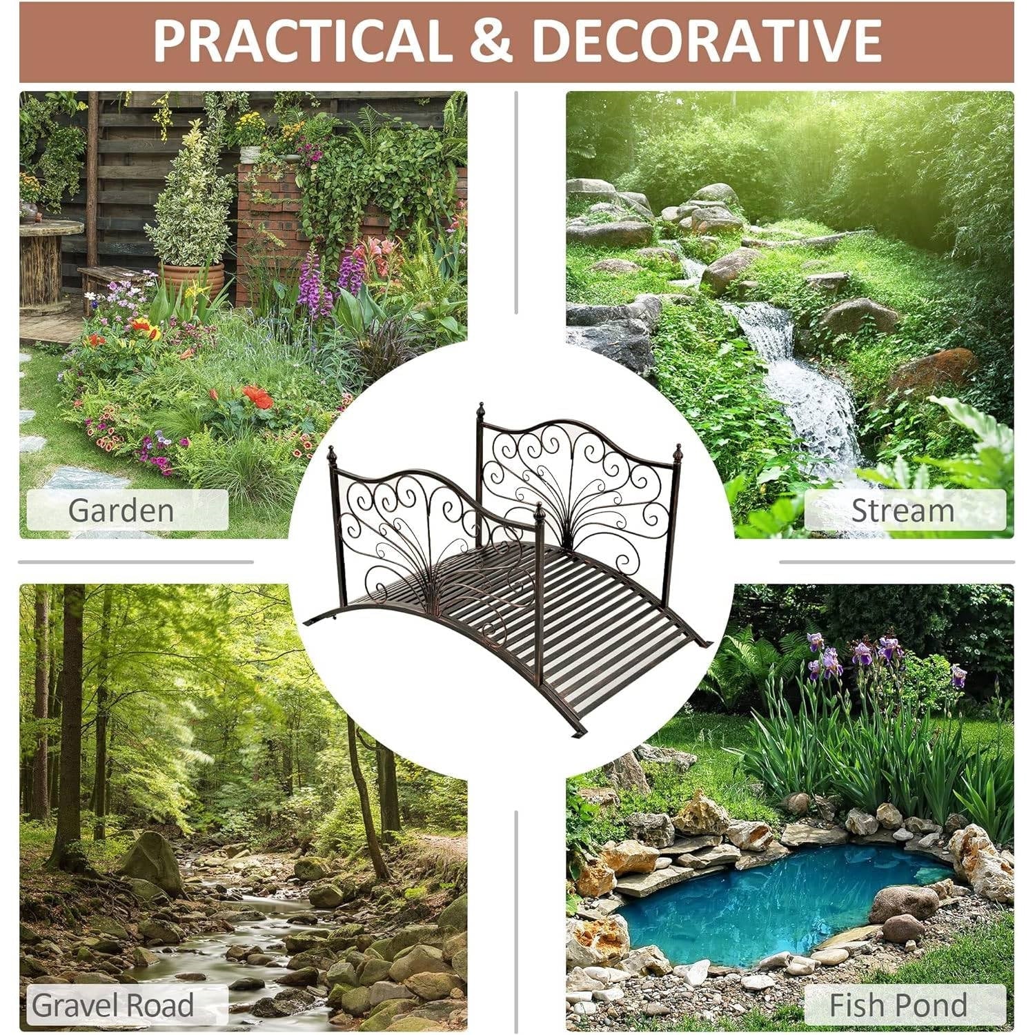 Outdoor 4-ft Heavy Duty Metal Garden Bridge in Black Bronze Finish - Image 3