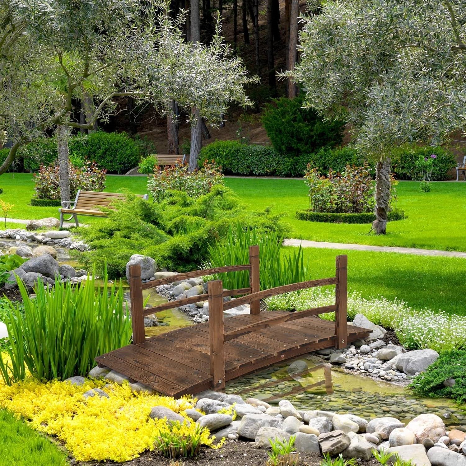 Outdoor 4-ft Wooden Garden Bridge in Rustic Brown Wood Finish - Image 2