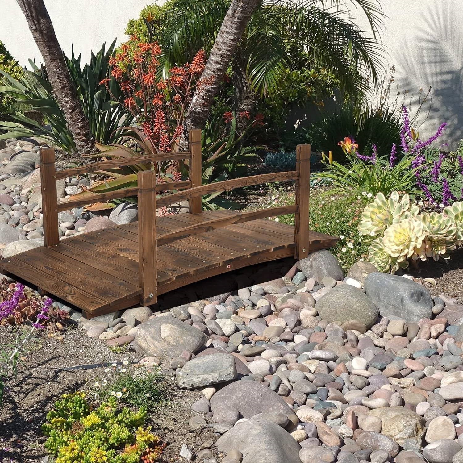 Outdoor 4-ft Wooden Garden Bridge in Rustic Brown Wood Finish - Image 3