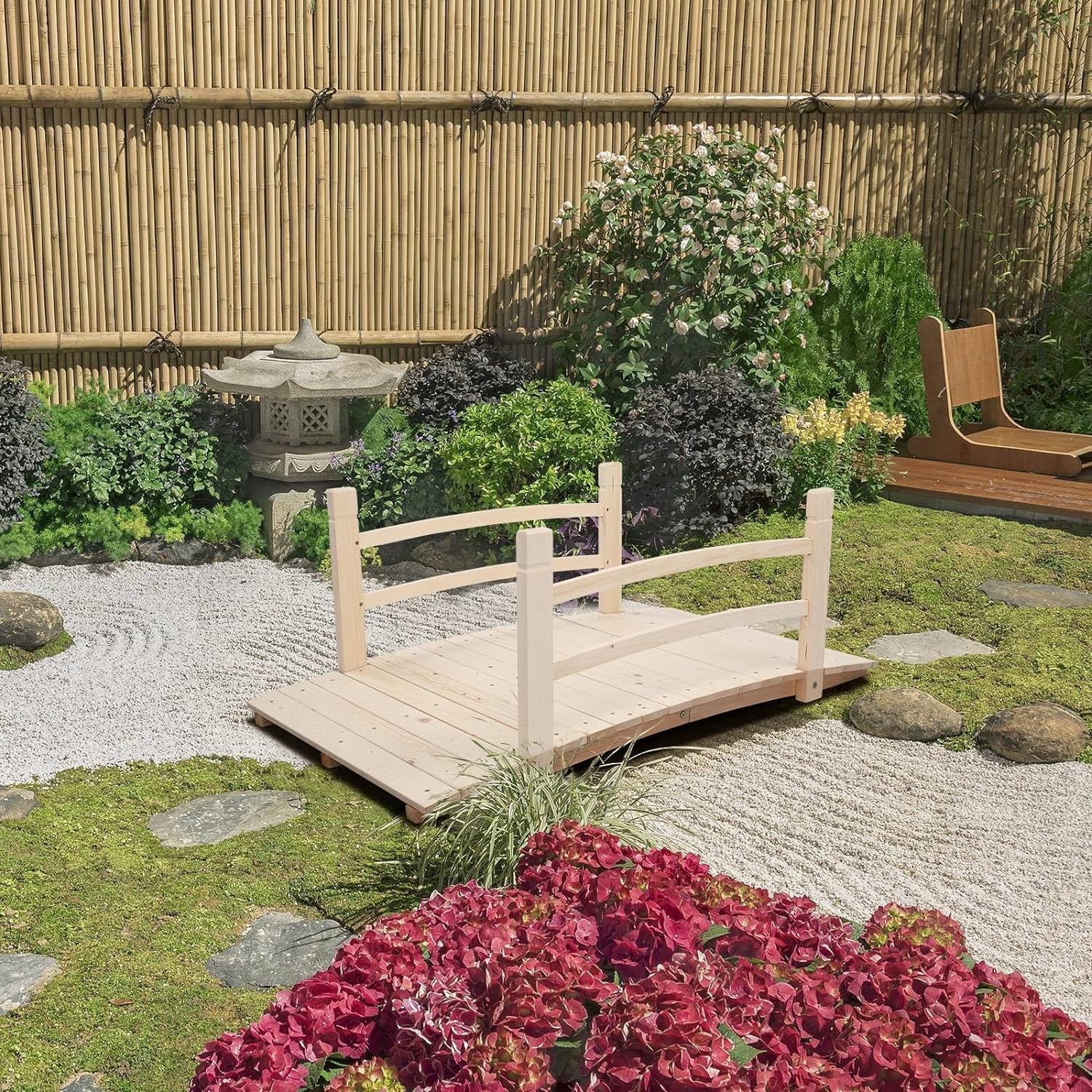 Outdoor 4-ft Wooden Garden Bridge with Rails in Natural Wood Finish - Image 2