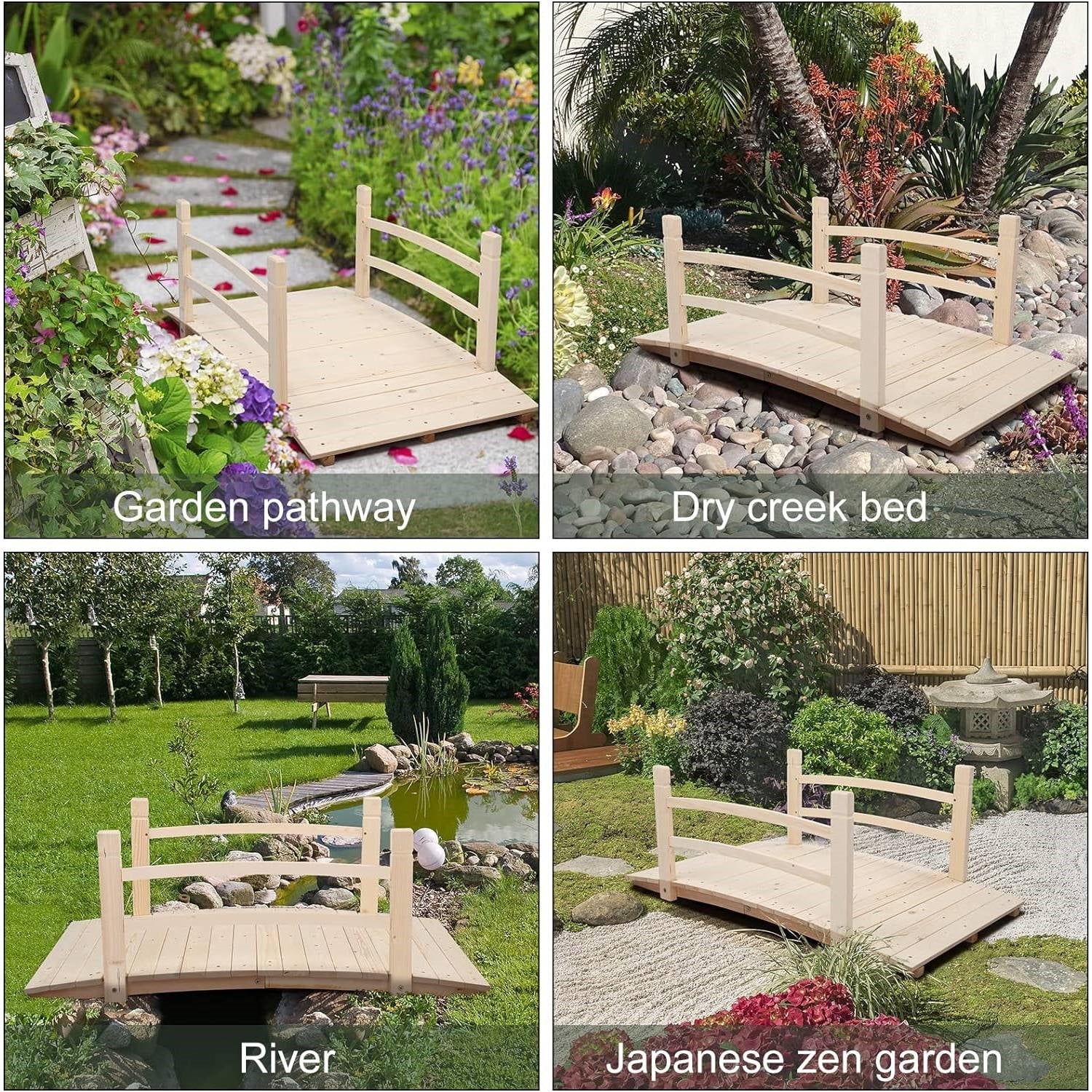 Outdoor 4-ft Wooden Garden Bridge with Rails in Natural Wood Finish - Image 3