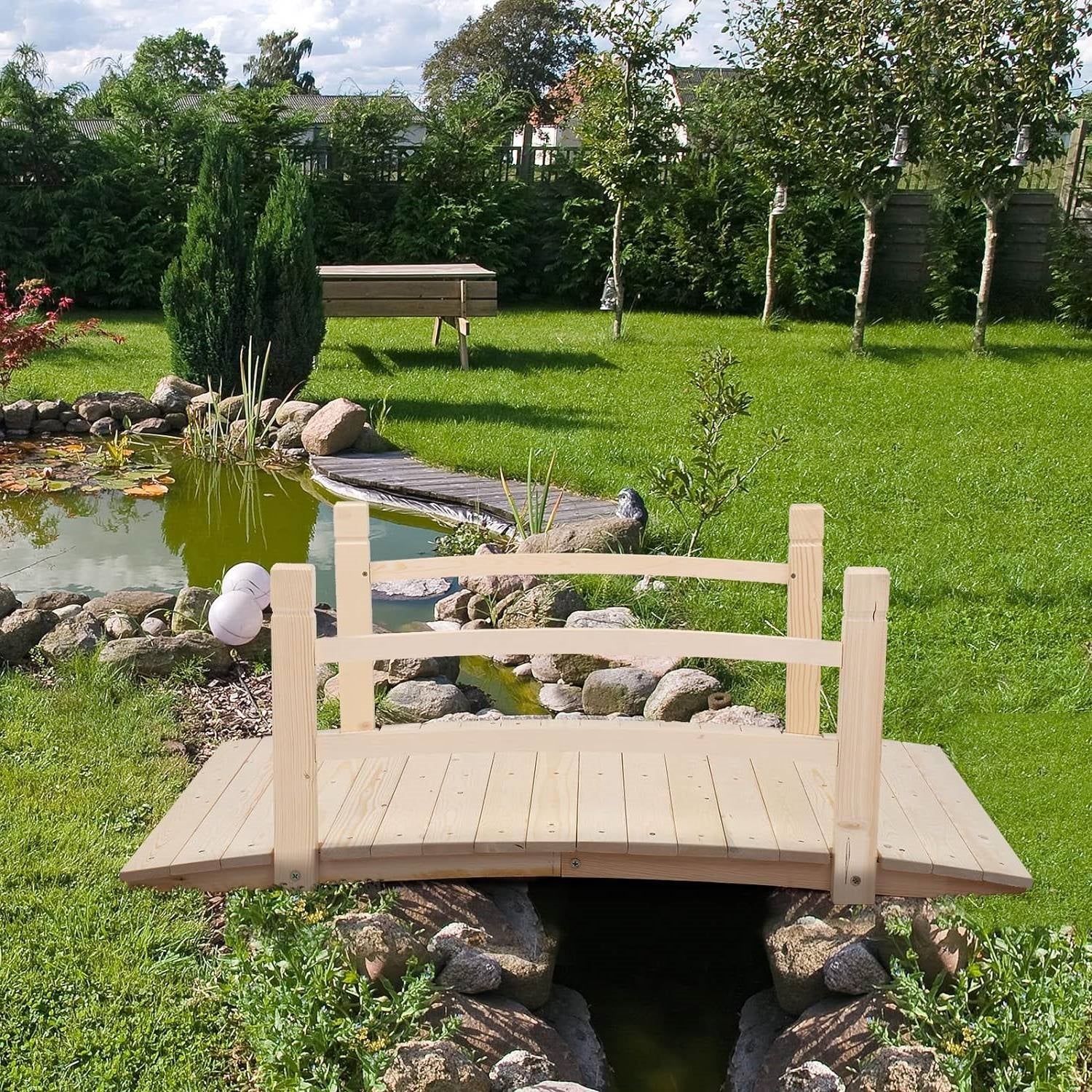 Outdoor 4-ft Wooden Garden Bridge with Rails in Natural Wood Finish - Image 4