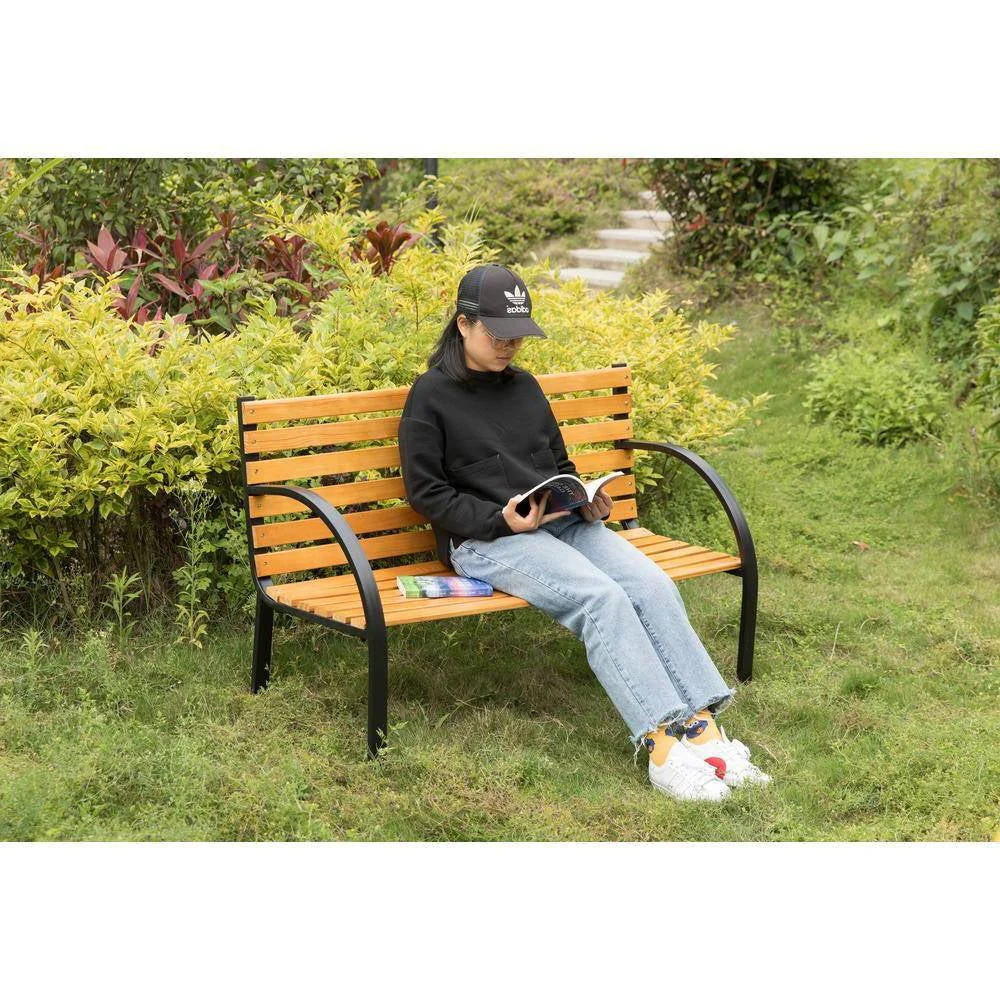 Outdoor Black Metal Frame Garden Bench with Wood Slats and Curved Armrests - Image 2