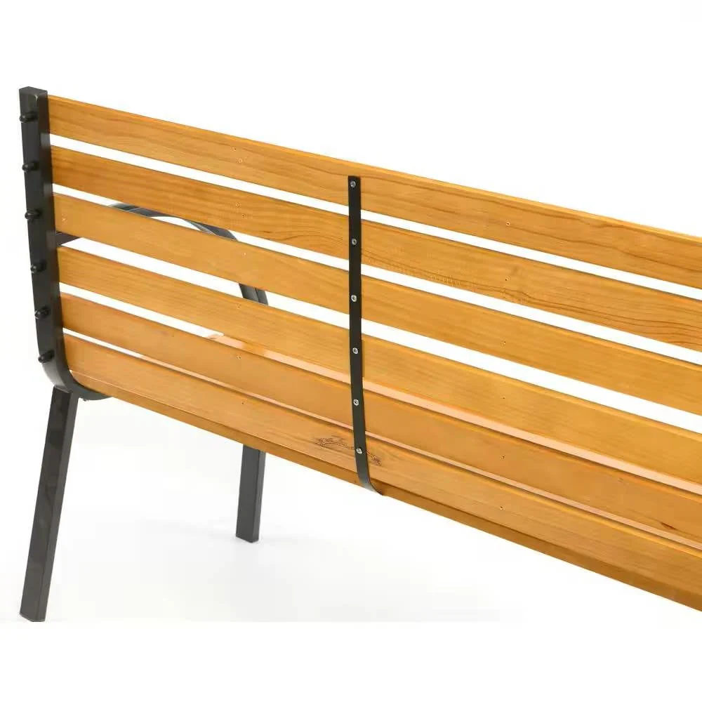 Outdoor Black Metal Frame Garden Bench with Wood Slats and Curved Armrests - Image 3