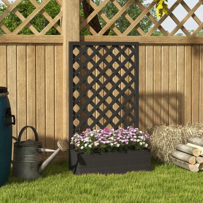 Outdoor Black Wooden Raised Garden Bed Planter Box with Lattice Trellis - Image 2
