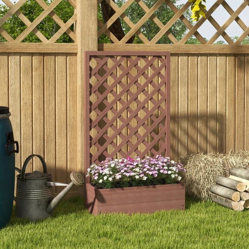 Outdoor Brown Wooden Raised Garden Bed Planter Box with Lattice Trellis - Image 3