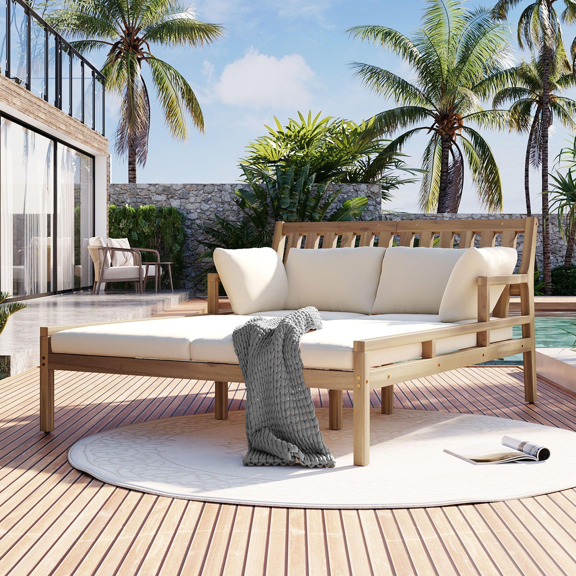 Outdoor Daybed, Patio Daybed with Four Pillows, Wooden Outdoor Bed with Curved Armrests for Poolside, Backyard, Garden - Image 10
