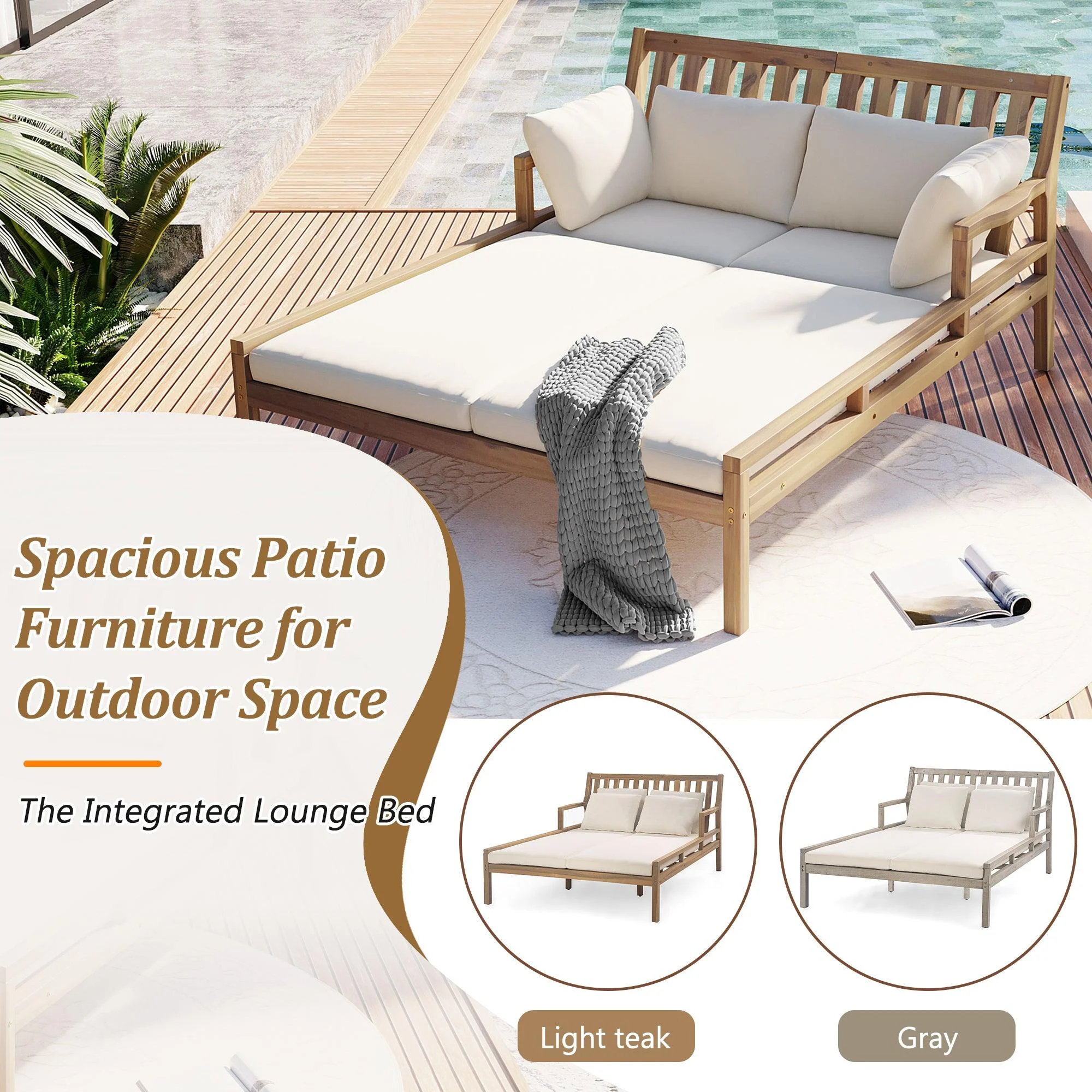 Outdoor Daybed, Patio Daybed with Four Pillows, Wooden Outdoor Bed with Curved Armrests for Poolside, Backyard, Garden - Image 11