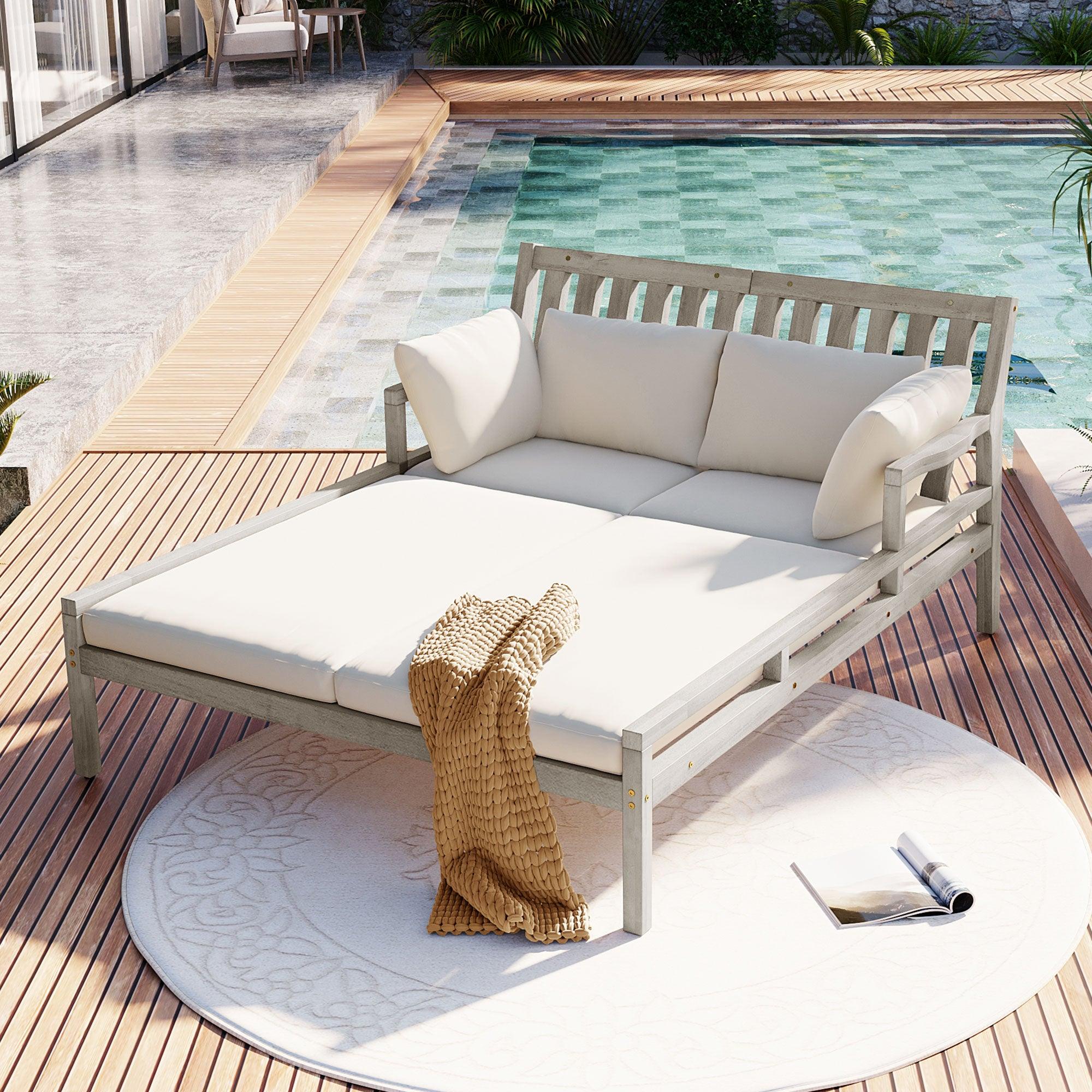 Outdoor Daybed, Patio Daybed with Four Pillows, Wooden Outdoor Bed with Curved Armrests for Poolside, Backyard, Garden - Image 13