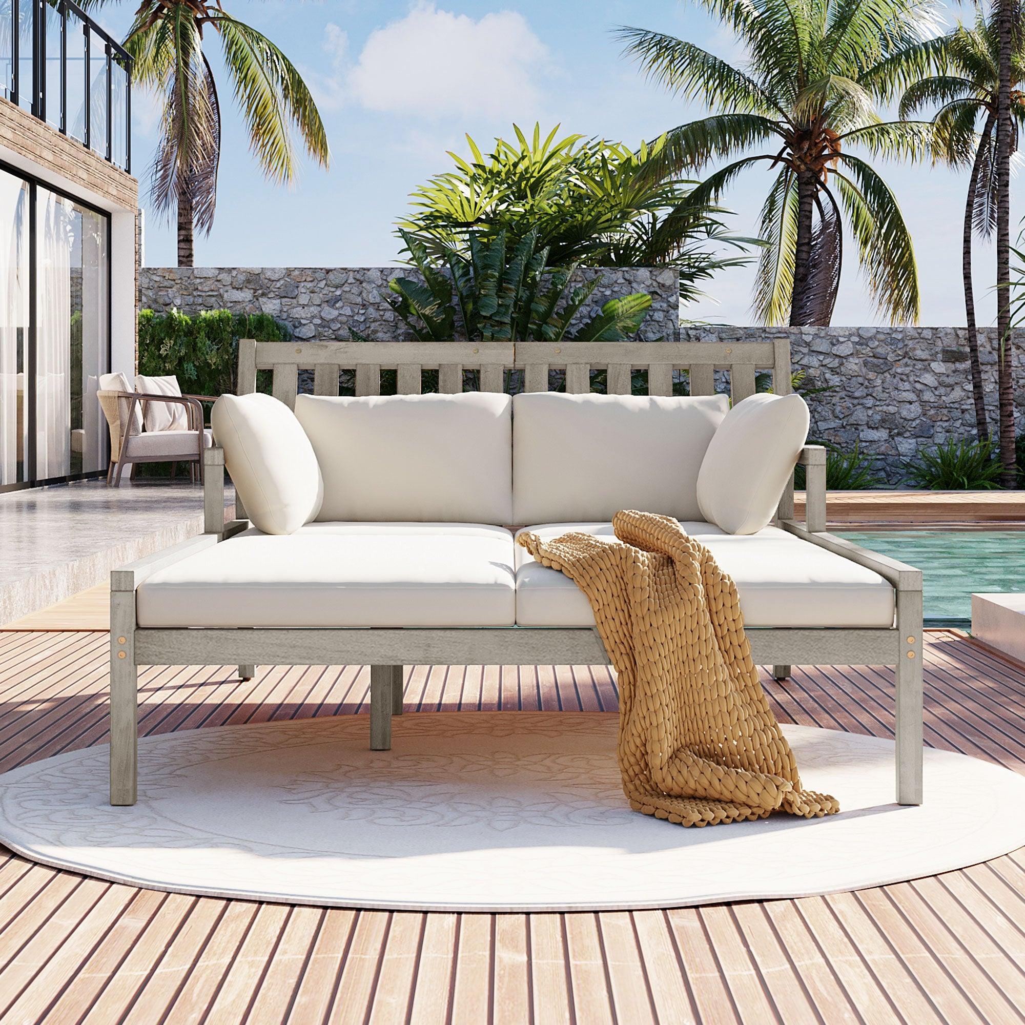 Outdoor Daybed, Patio Daybed with Four Pillows, Wooden Outdoor Bed with Curved Armrests for Poolside, Backyard, Garden - Image 14