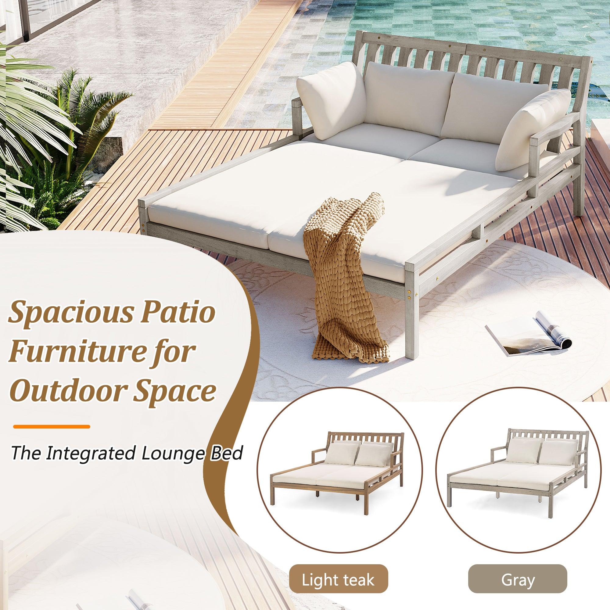 Outdoor Daybed, Patio Daybed with Four Pillows, Wooden Outdoor Bed with Curved Armrests for Poolside, Backyard, Garden - Image 16