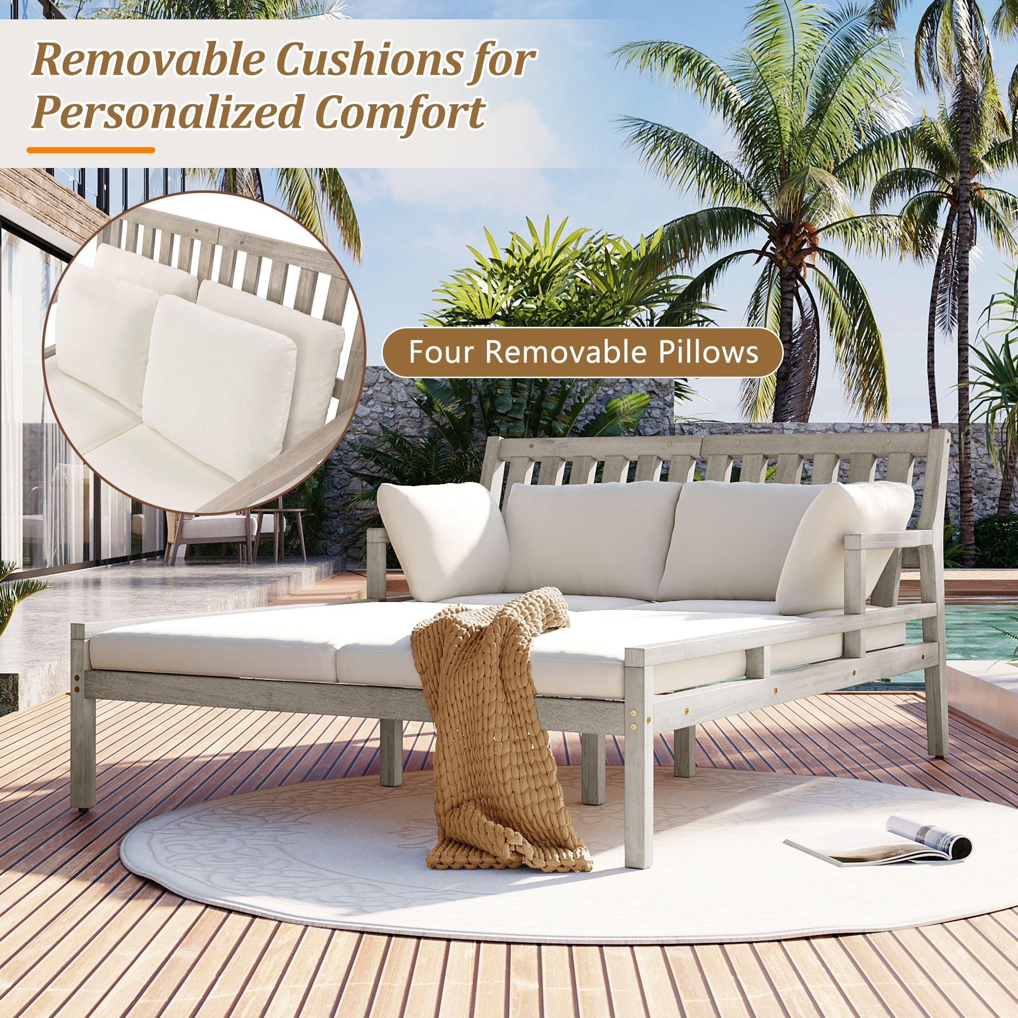 Outdoor Daybed, Patio Daybed with Four Pillows, Wooden Outdoor Bed with Curved Armrests for Poolside, Backyard, Garden - Image 18