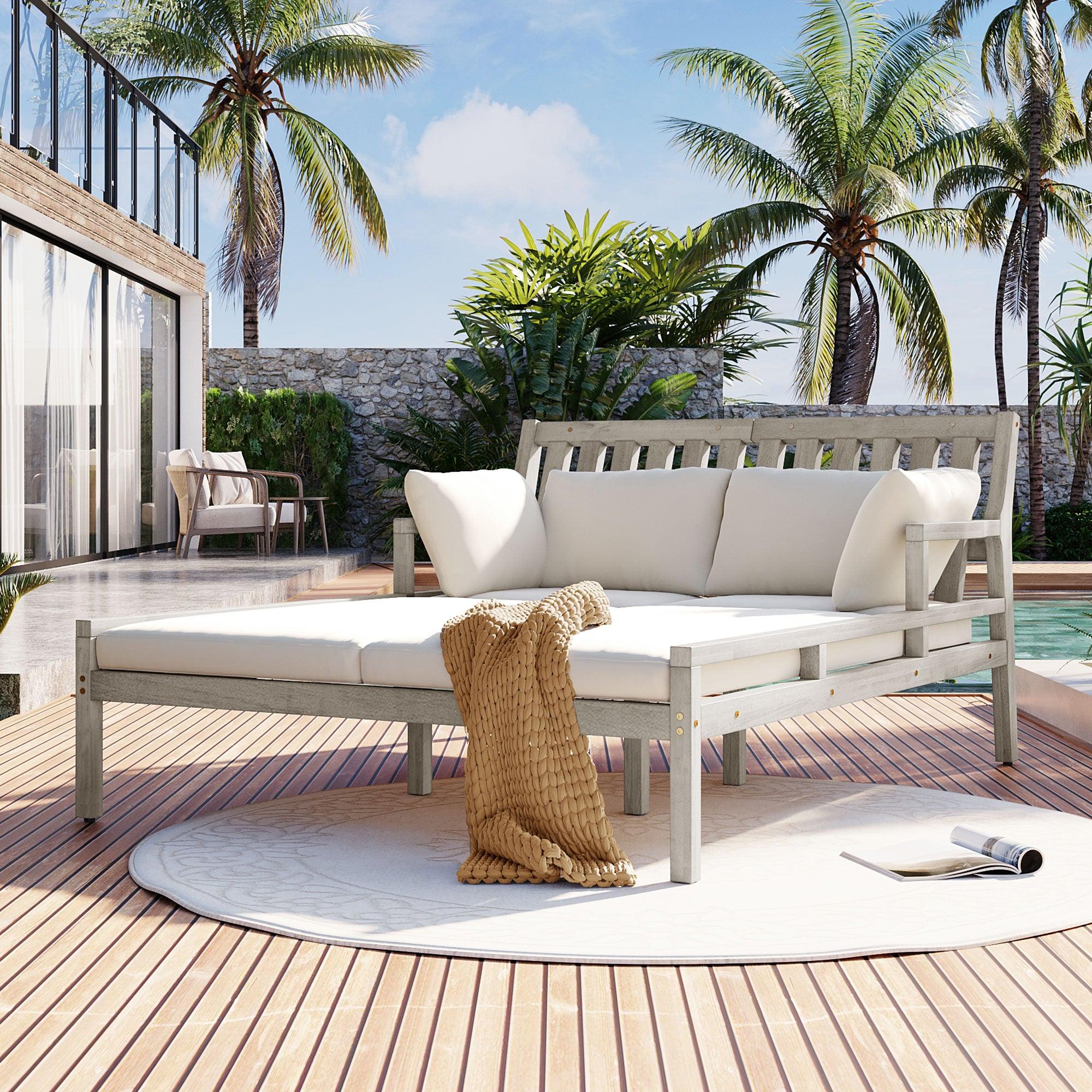 Outdoor Daybed, Patio Daybed with Four Pillows, Wooden Outdoor Bed with Curved Armrests for Poolside, Backyard, Garden - Image 20