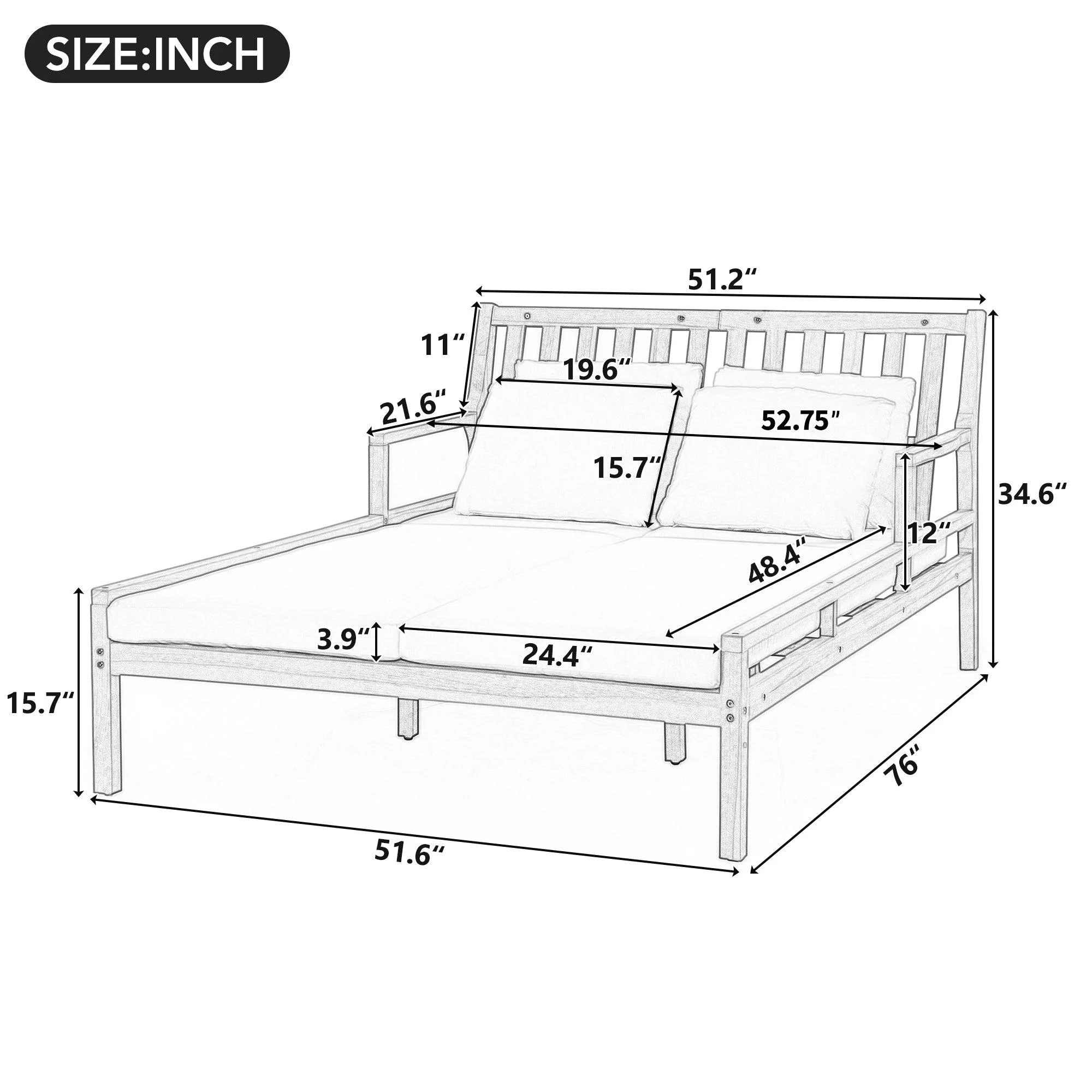 Outdoor Daybed, Patio Daybed with Four Pillows, Wooden Outdoor Bed with Curved Armrests for Poolside, Backyard, Garden - Image 25