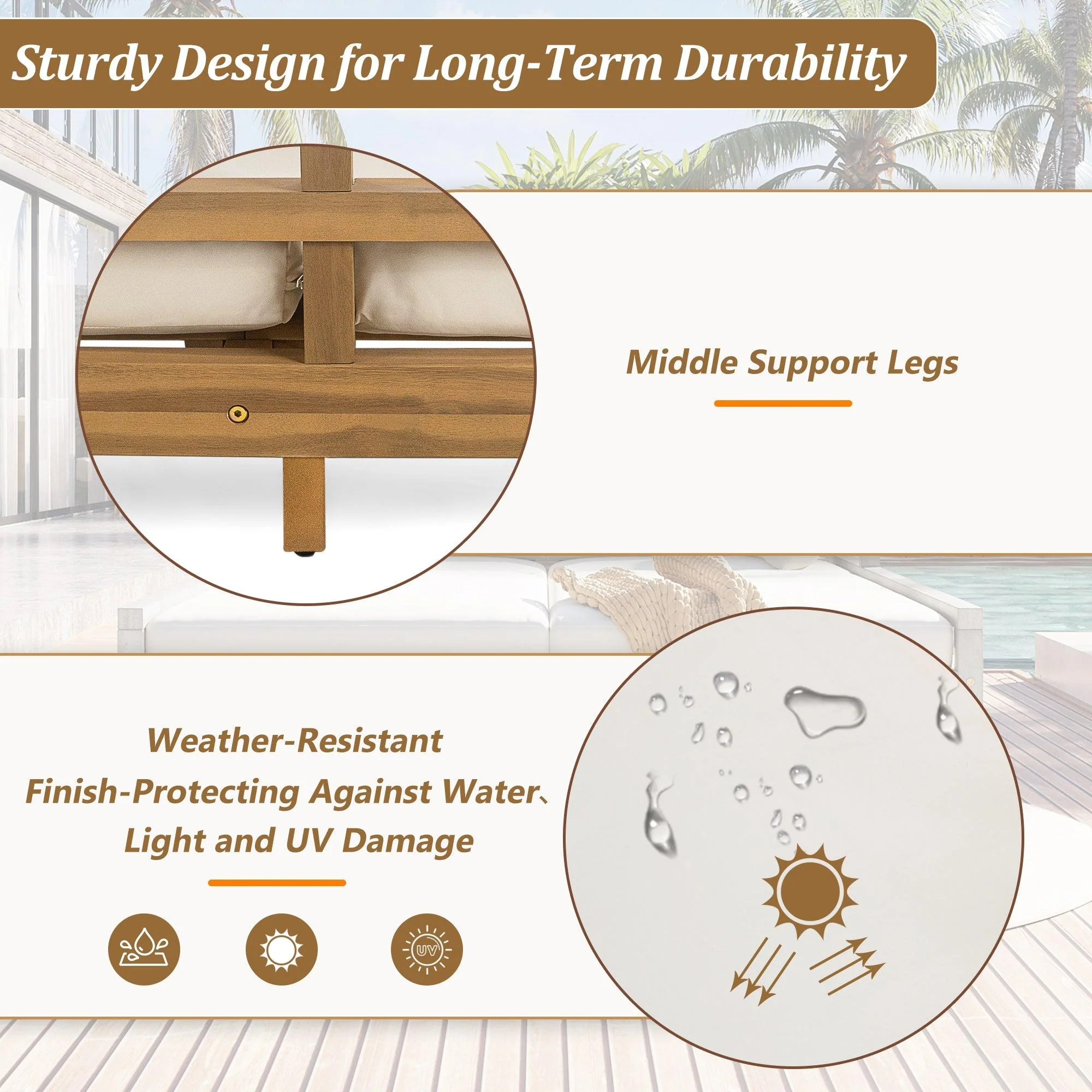 Outdoor Daybed, Patio Daybed with Four Pillows, Wooden Outdoor Bed with Curved Armrests for Poolside, Backyard, Garden - Image 3
