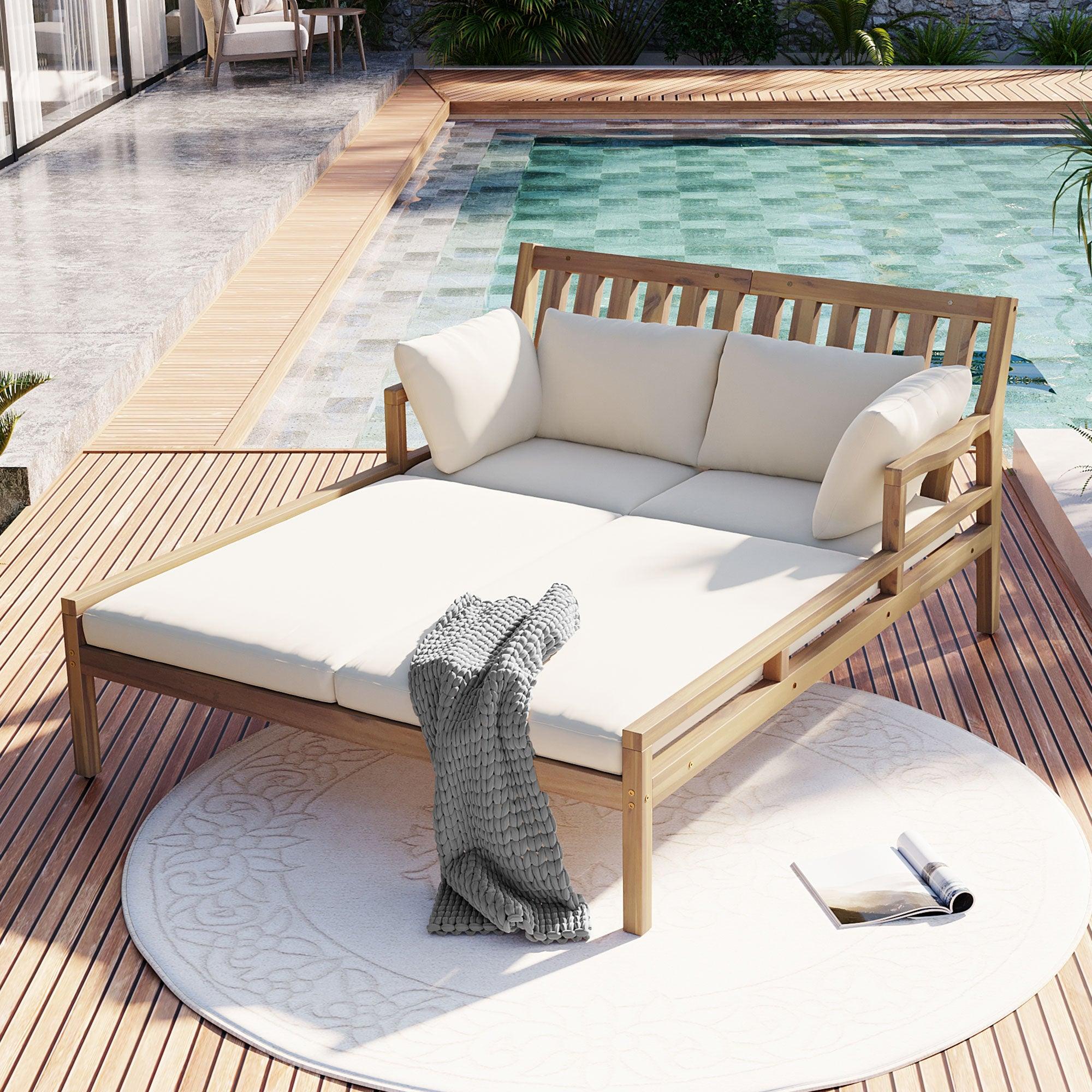 Outdoor Daybed, Patio Daybed with Four Pillows, Wooden Outdoor Bed with Curved Armrests for Poolside, Backyard, Garden - Image 4