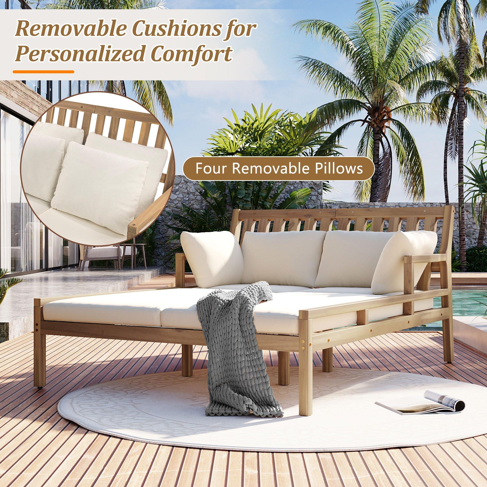 Outdoor Daybed, Patio Daybed with Four Pillows, Wooden Outdoor Bed with Curved Armrests for Poolside, Backyard, Garden - Image 8