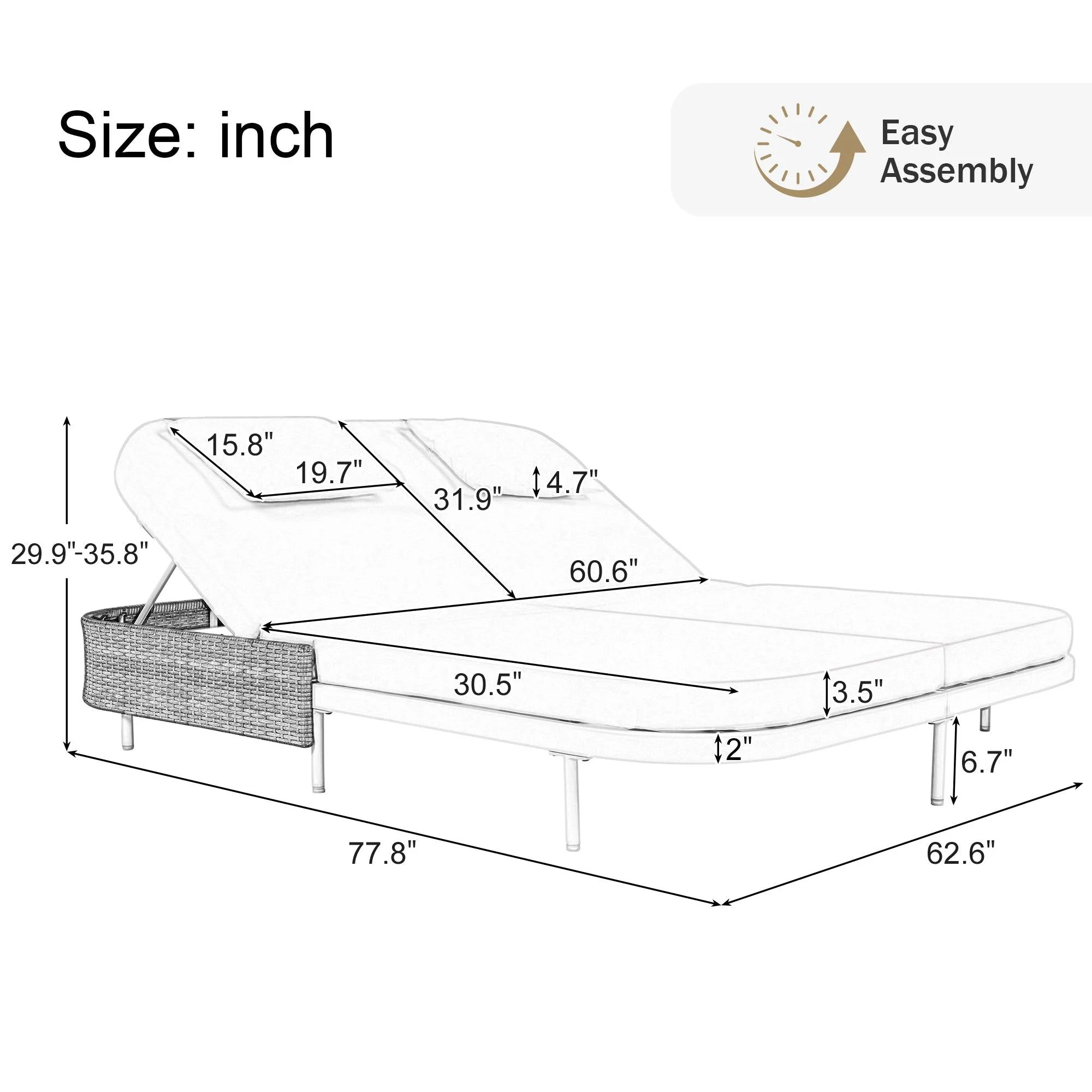 Outdoor Daybed, Patio Rattan Daybed with 5-Position Adjustable Backrest and Removable Cushions & Pillows for Garden, Backyard, Poolside - Image 30