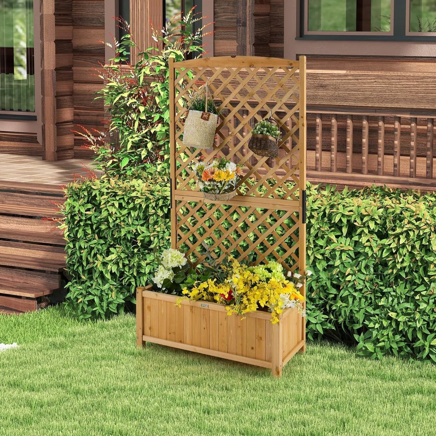 Outdoor Fir Wood Raised Garden Bed Planter Box with 71-inch High Trellis - Image 2