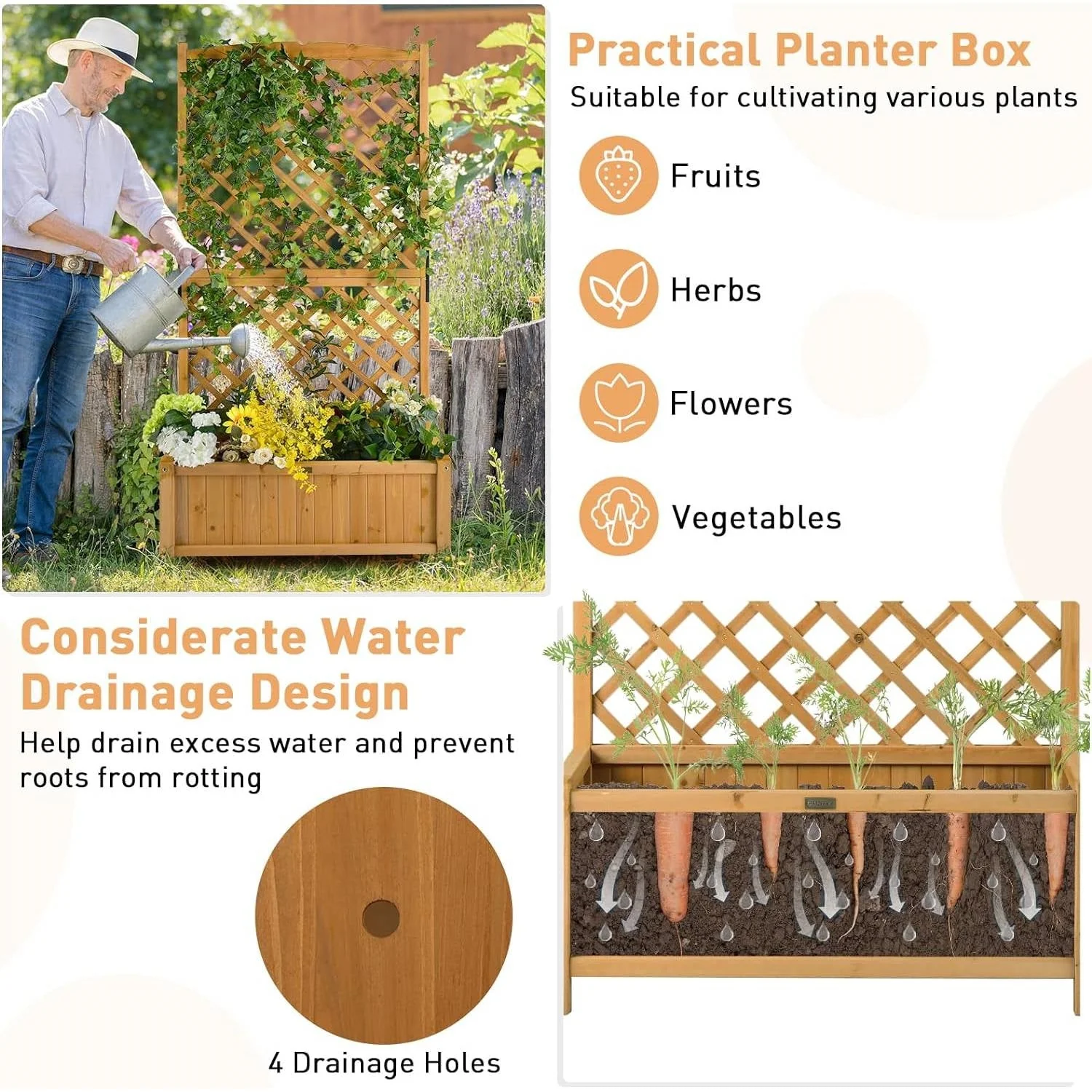 Outdoor Fir Wood Raised Garden Bed Planter Box with 71-inch High Trellis - Image 4
