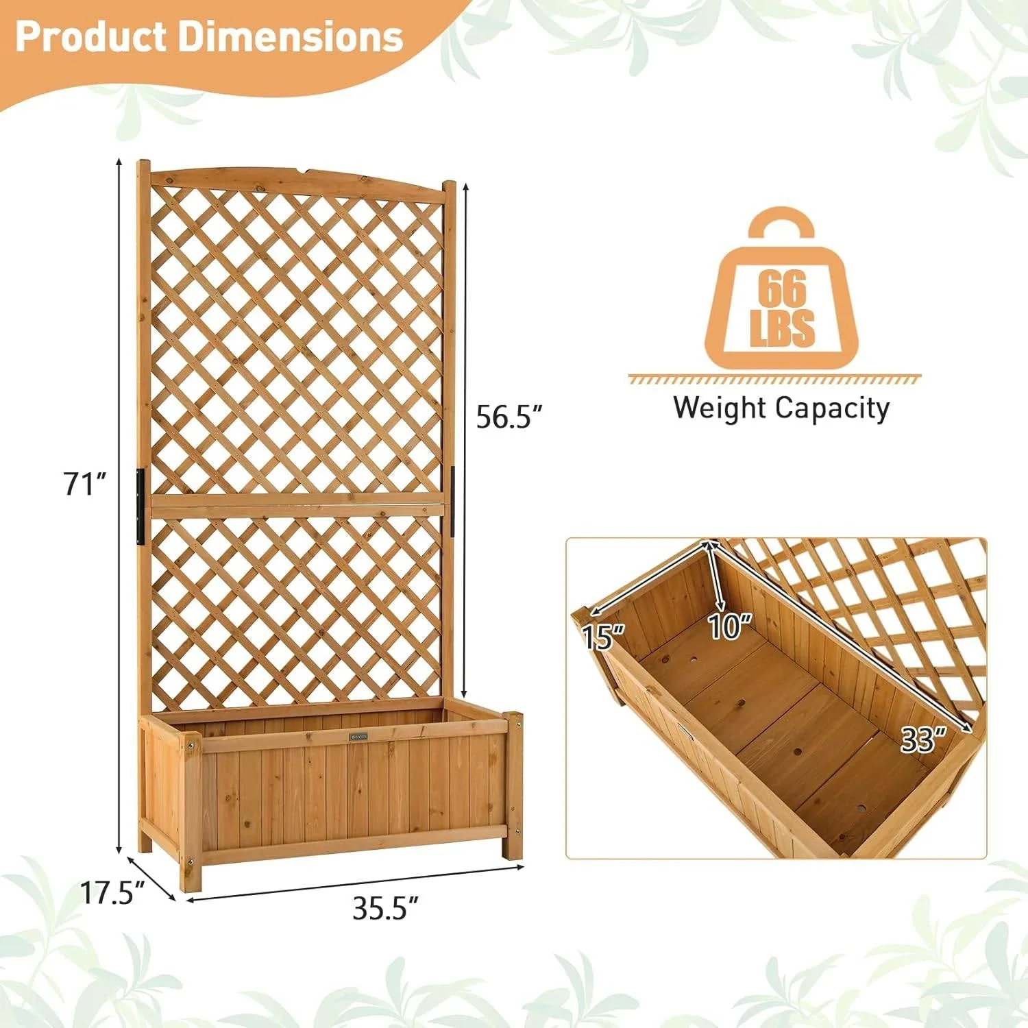 Outdoor Fir Wood Raised Garden Bed Planter Box with 71-inch High Trellis - Image 5