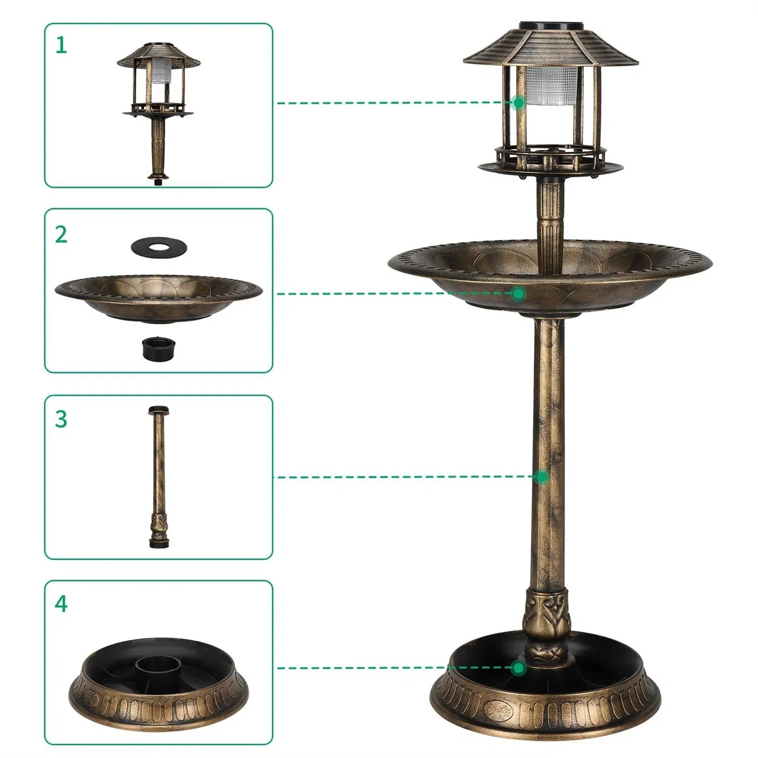 Outdoor Garden Birdbath in Bronze Finish with Solar Light - Image 3