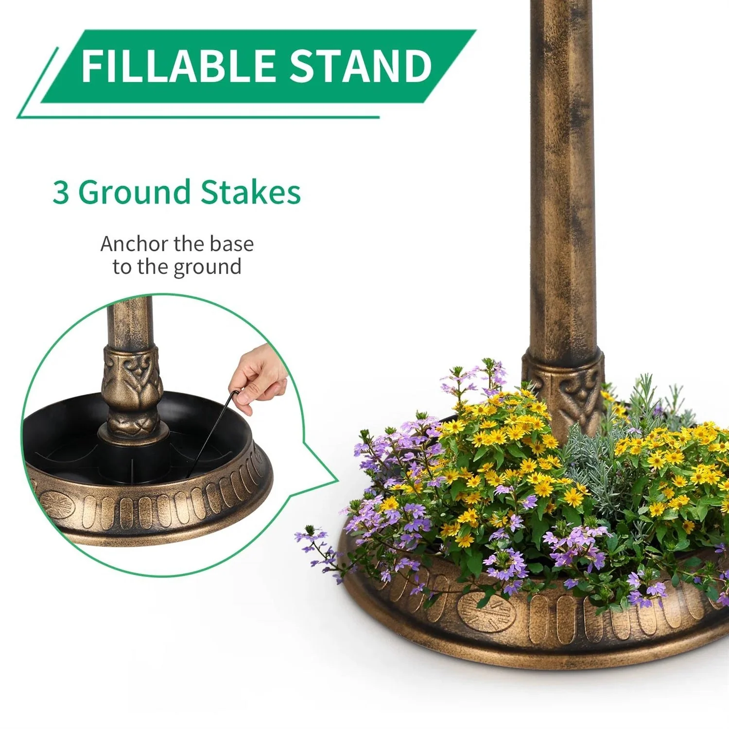 Outdoor Garden Birdbath in Bronze Finish with Solar Light - Image 4