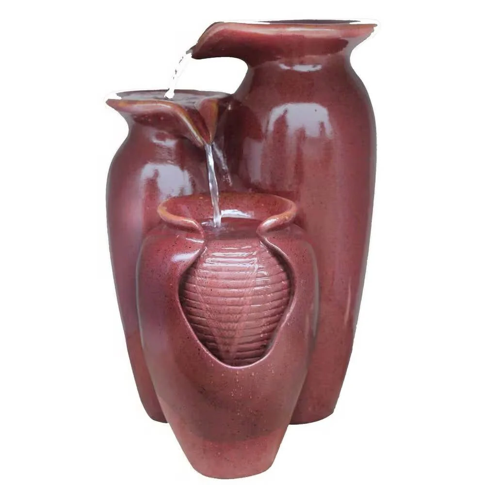 Outdoor Garden Patio 3-Tier Burgundy Red Ceramic-Look Polyresin Water Fountain - Image 3