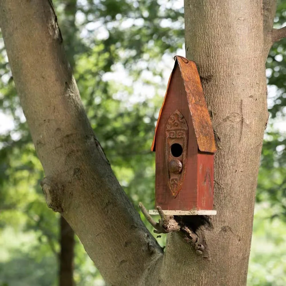 Outdoor Garden Rustic Brown Solid Wood and Iron Bird House - Image 3